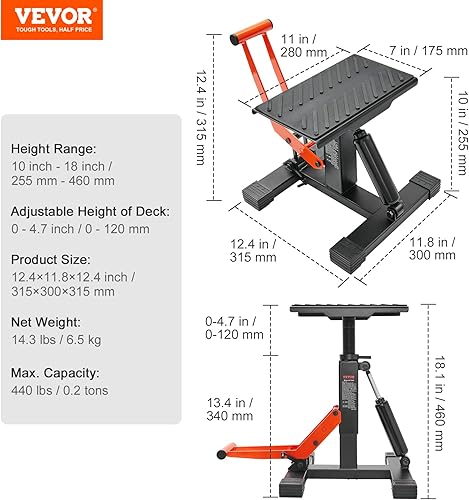 Miniatura 7 de VEVOR Soporte elevador para motocross, soporte de elevación de gato para motocicleta, capacidad de 440 libras y operación de elevación hidráulica,