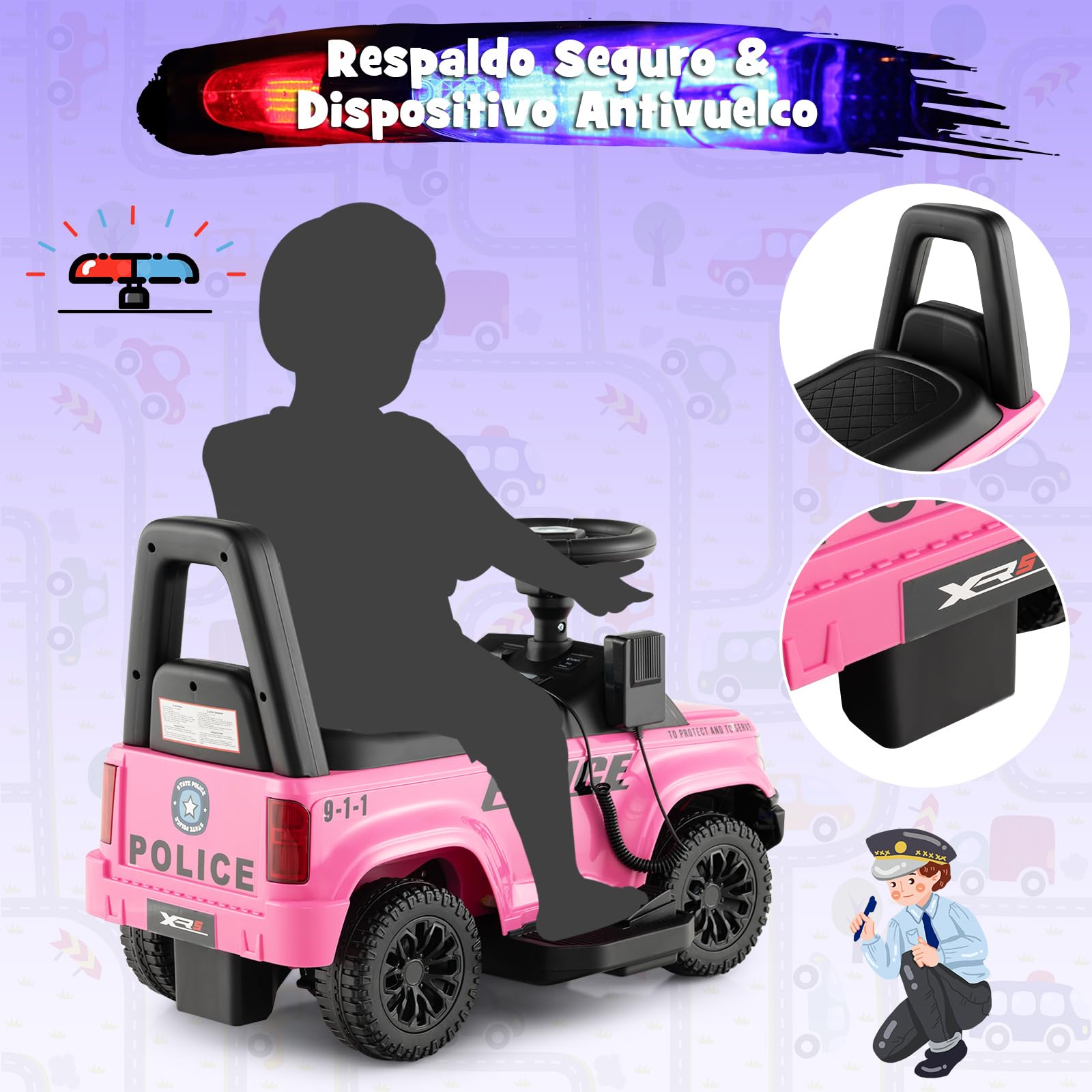 COSTWAY Coche Eléctrico De Policía Para Niños – 6V Con Luces, Sirena, Megáfono Y Música (18-60 Meses)