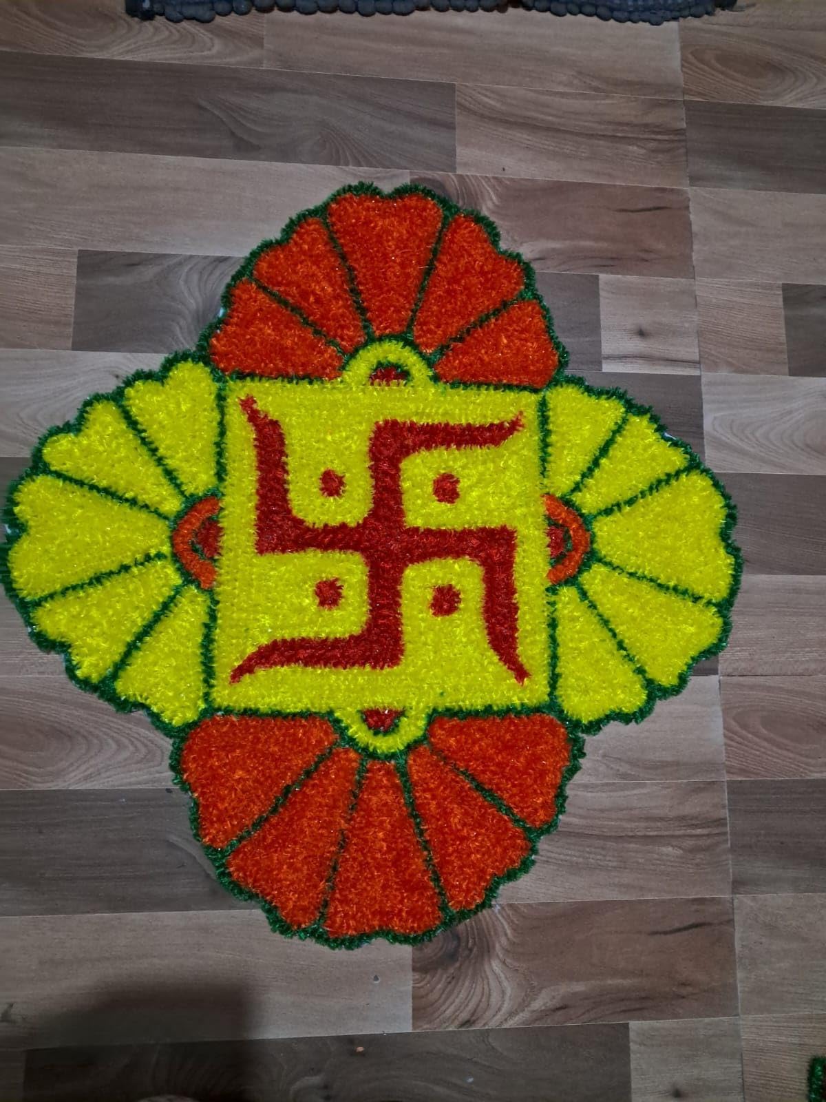 Reusable Swastik Rangoli Mat, Yellow and Orange, Floral Design, for Diwali Festival Decoration-picture-45