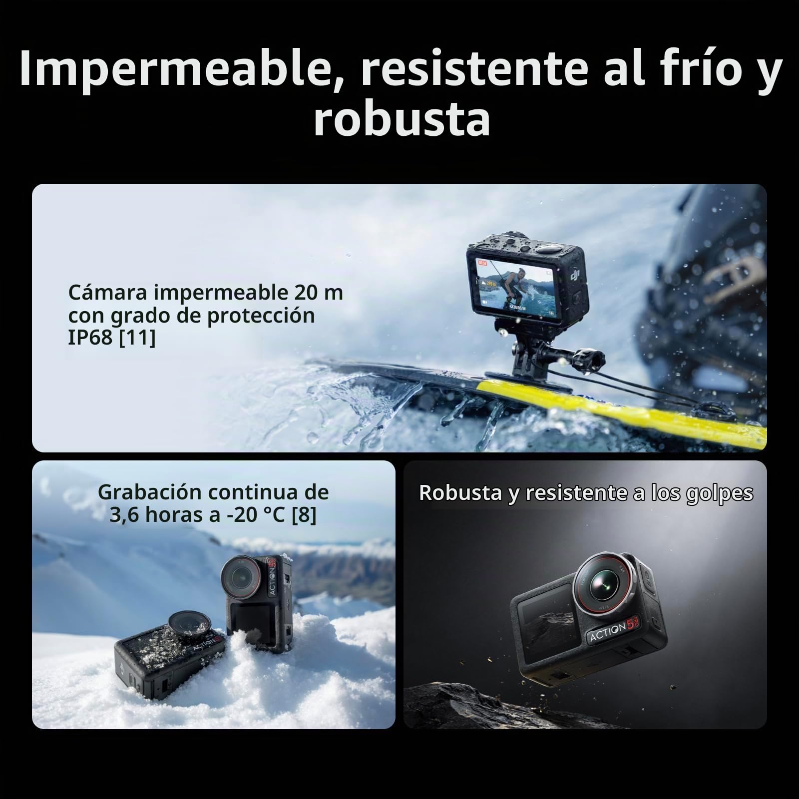 DJI Osmo Action 5 Pro Pack Aventura, cámara Deportiva, Sensor 1/1.3", batería Aumentada a 12 h con 3 baterías, estabilización, 2 Pantallas táctiles OLED (5 Pro Adventure Combo Bundle-1)