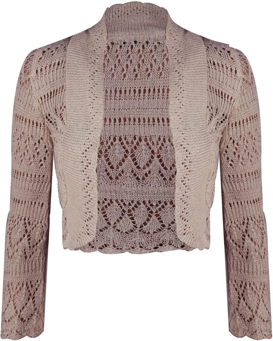 Ladies Long Sleeve Crochet Bolero Shrug Womens Cropped Knitted Cardigan Tops (Regular One Size, Stone)