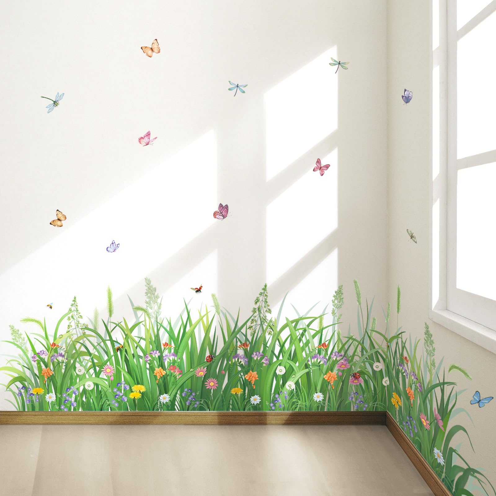decalmile Green Plant Grass Flowers Wall Corner Stickers Butterflies Floral Baseboard Skirting Line Wall Decals Baby Nursery Living Room Bedroom Wall Décor - Image 2