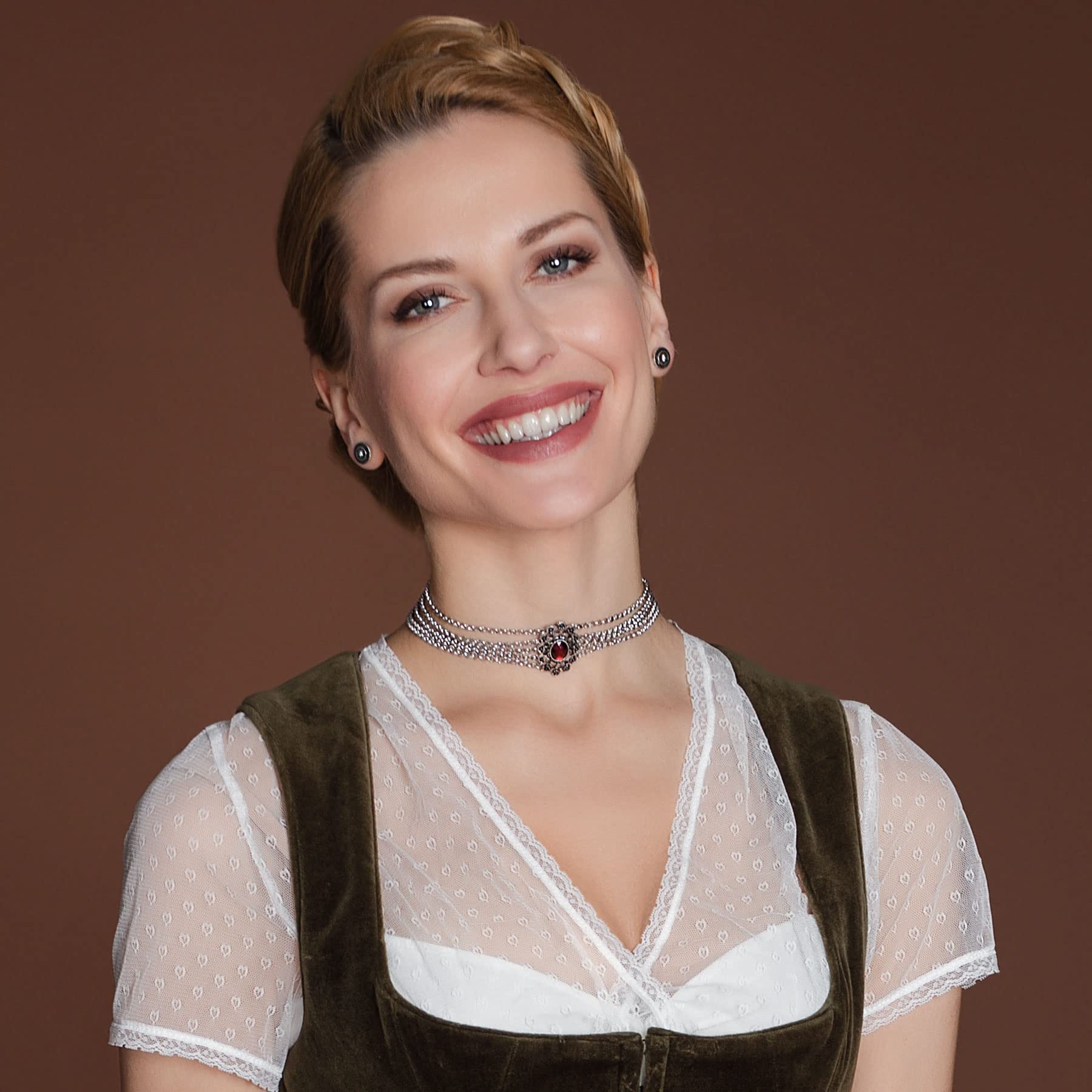 Alpenflüstern Trachten-Metall-Kropfkette Luzia - Elegante Trachtenkette - nostalgischer Damen-Trachtenschmuck, Dirndlkette mit Mittelteil in traditionellen Farben DHK228
