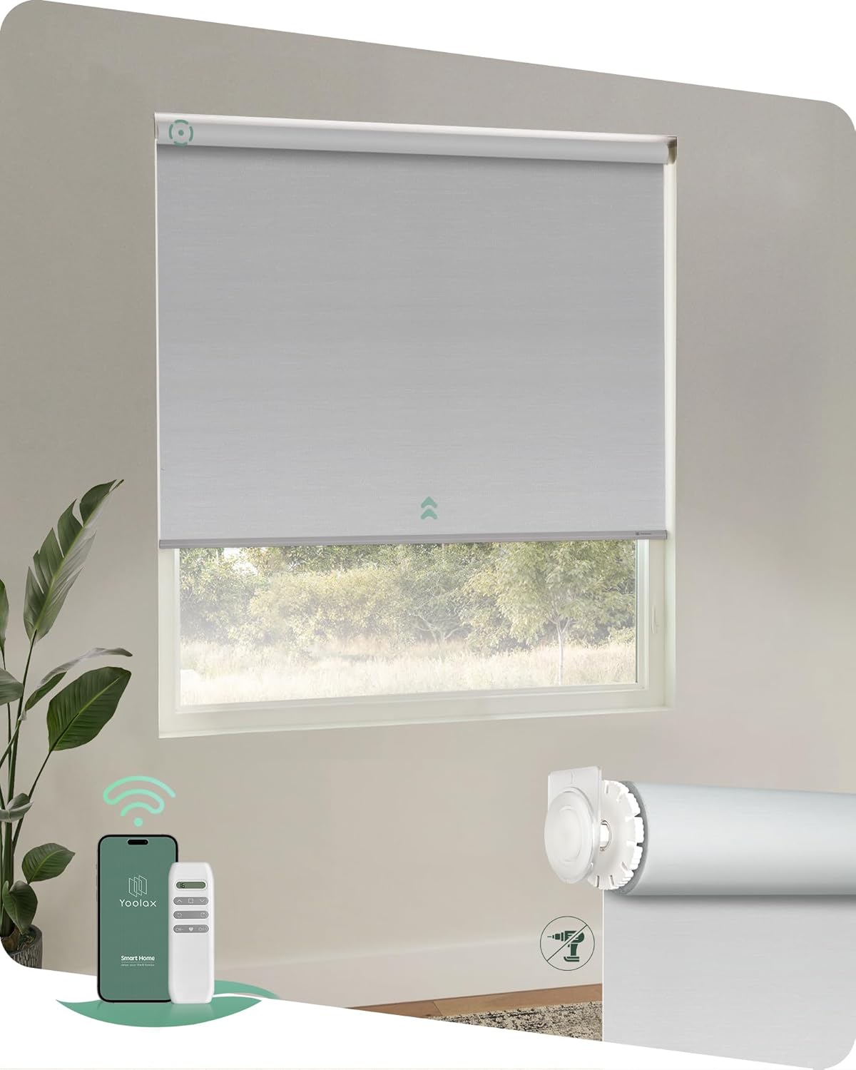 Yoolax No Drill Motorized Blinds with Remote, Blackout Smart Blinds for Windows Motorized Roller Shades, Automatic Window Shades for Bedroom Living Room, Customize (Jacquard White)