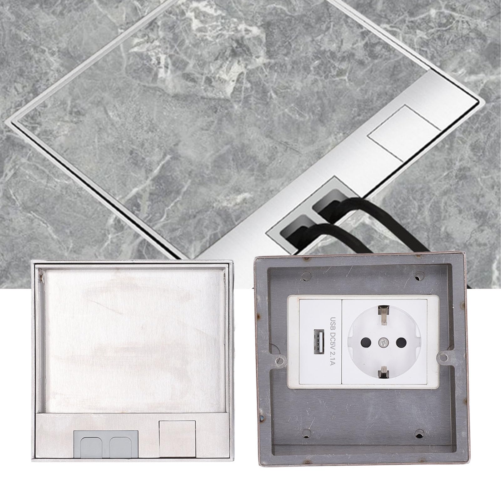 Wbudowane Gniazdo Podłogowe z Portem USB, Stal Nierdzewna, 250V, 16A, 4000W, IP40, Trudnopalne PC, do Wtyczki UE