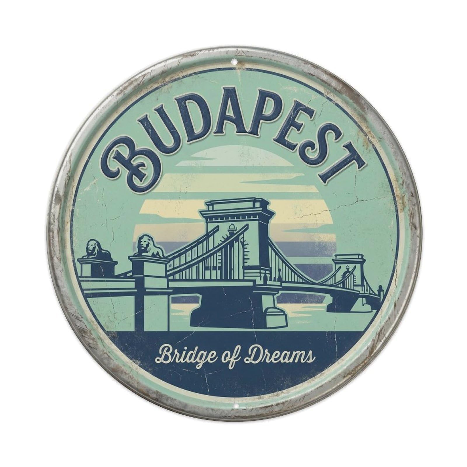 Bridge Illuminated Hallway Crossing Metal Tin Sign Plaque Wall Decor for Cafe, Club, Garden Round Metal Poster 8x8Inch