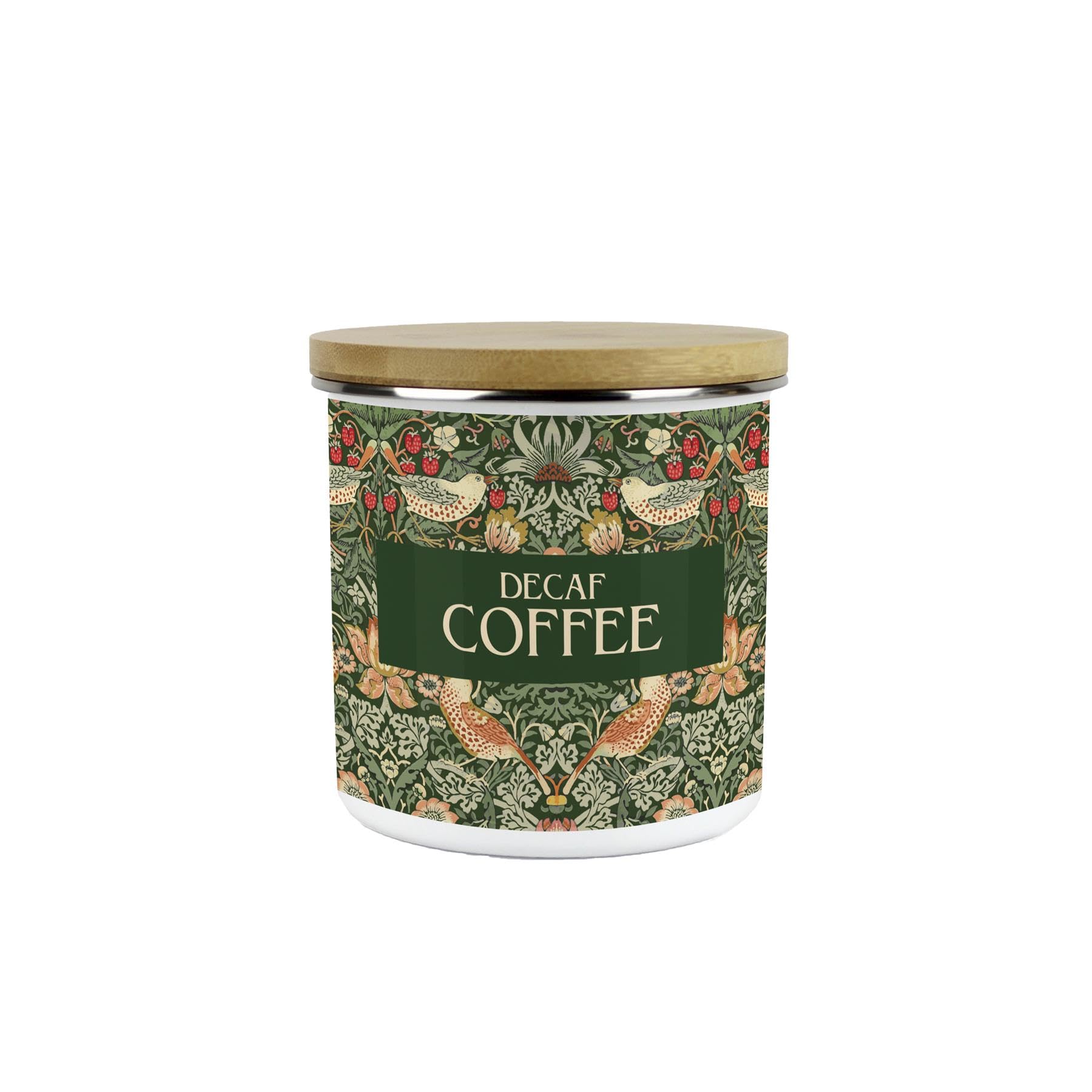 Purely Home Green Strawberry Thief Decaf Coffee Canister - Morris Inspired Floral Tapestry Artwork - 600ml Enamel Hot Drinks/Food Kitchen Medium Storage Container