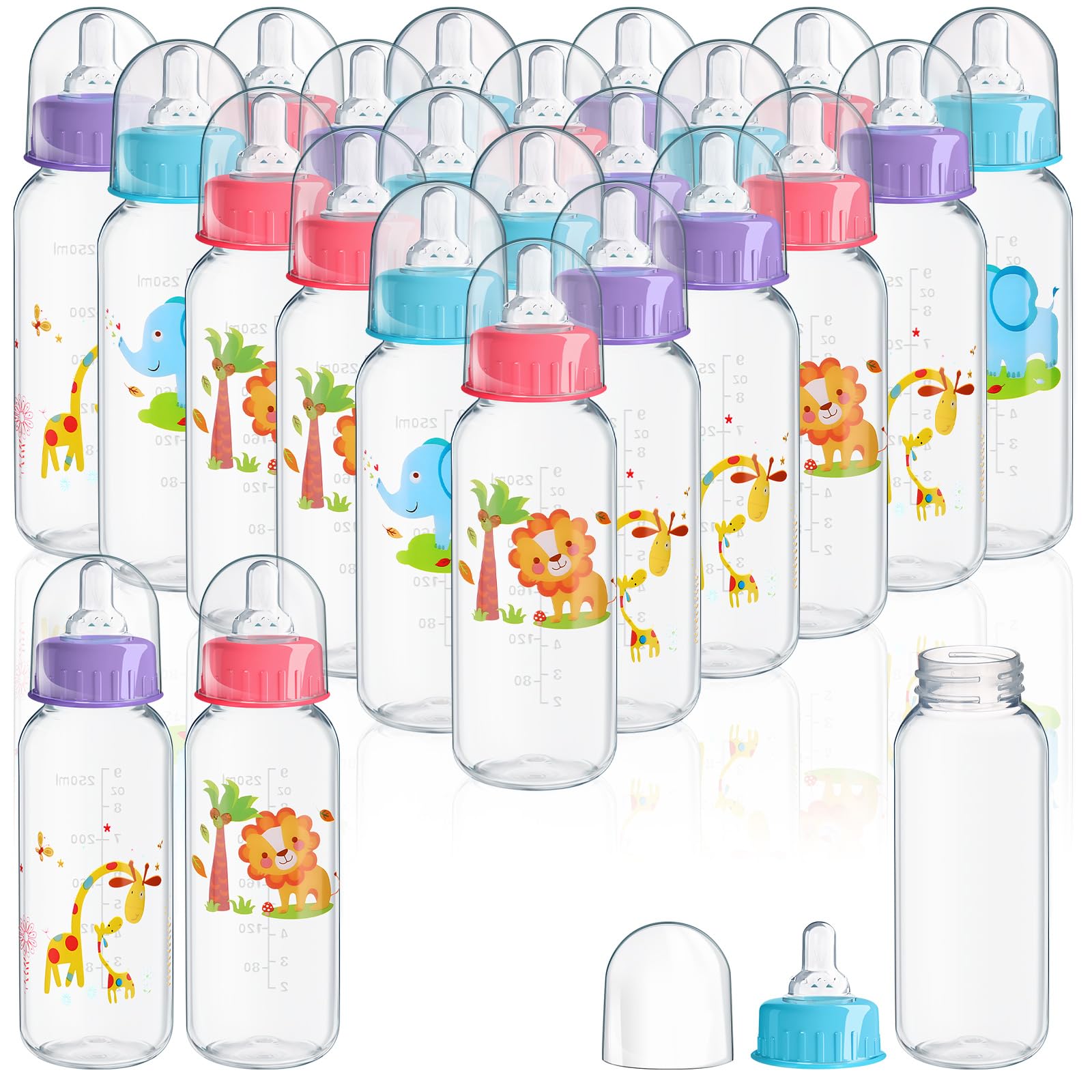 Norme 24 Pcs Plastic Milk Bottles Bulk for Party 9.5 oz Candy Bottles for Birthday Animal Theme Party Favors Decorations Gifts, Elephant, Lion,