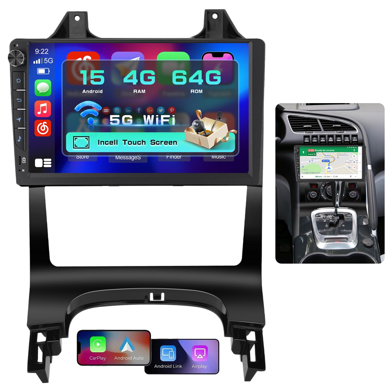 Hikity Radio samochodowe Android 15 4+64 GB do Peugeot 3008 2013 z ekranem dotykowym 9 Zoll, radio samochodowe 2DIN z bezprzewodowym odtwarzaczem Carplay Android Auto, FM/RDS Radio BT GPS WiFi