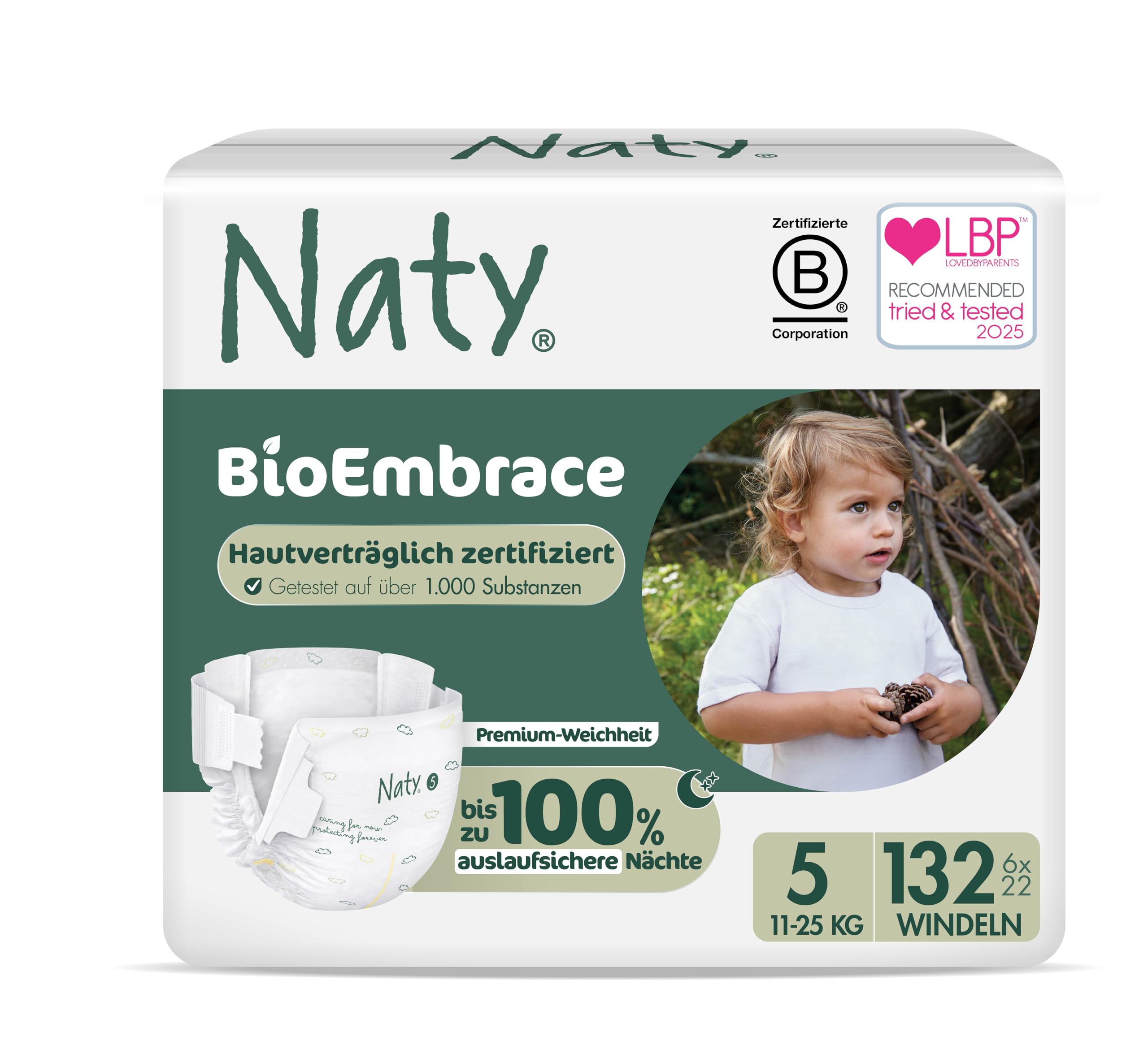 Naty BioEmbrace Baby Windeln | Zertifiziert hautfreundlich für empfindliche Haut | Bis zu 100% Auslaufschutz | Pflanzenbasiert & weicher Premium-Komfort | Chlorfrei | Größe 5 (11–25 kg), 132 Stück