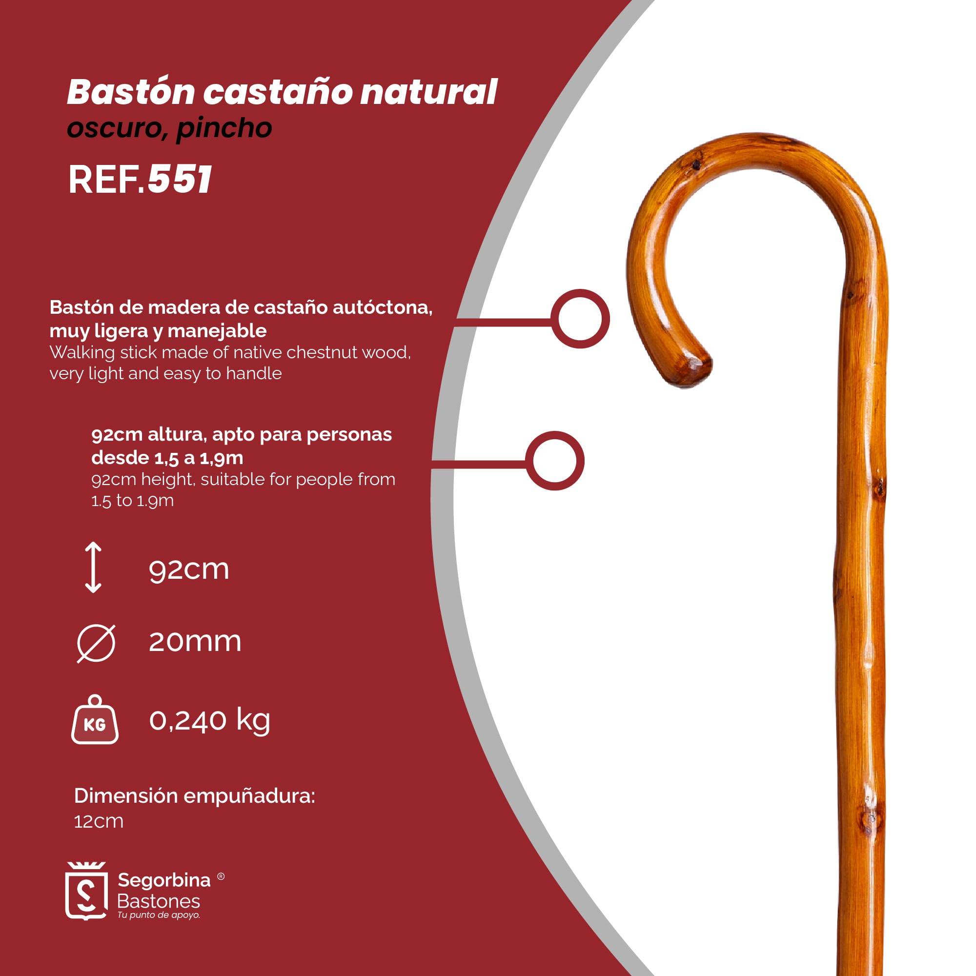 Bastón para Caminar Madera castaño Oscuro con contera metálica