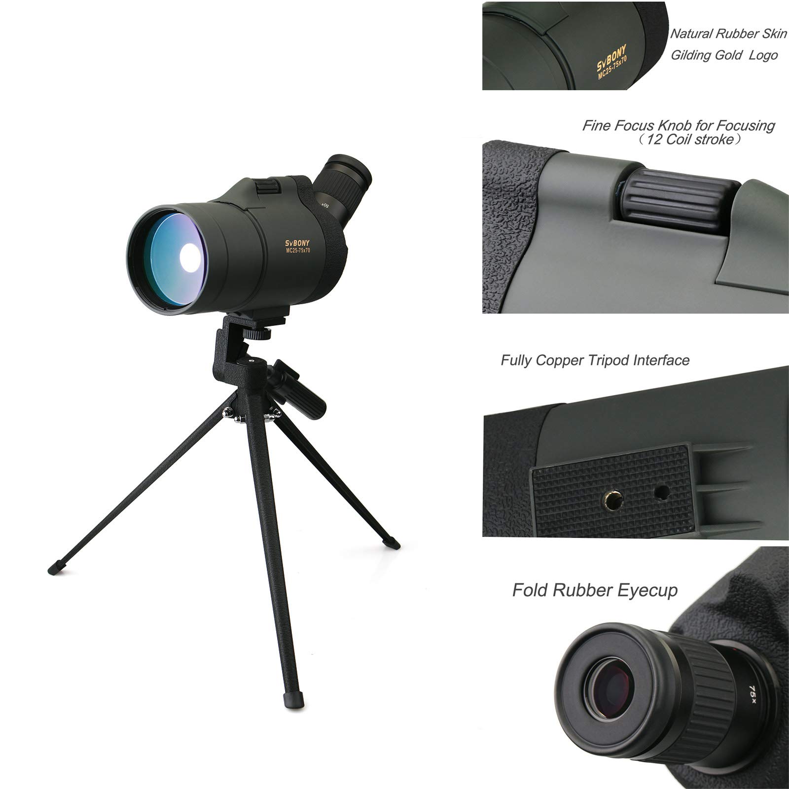 Svbony SV41 Mak Spotting Scopes z kamerą WiFi, BAK4 FMC 25-75 x 70 mm optyczny Maksutov Spotter Scope, kompaktowy Digiscoping ze statywem biurkowym SA404 Adapter do obserwacji ptaków cel