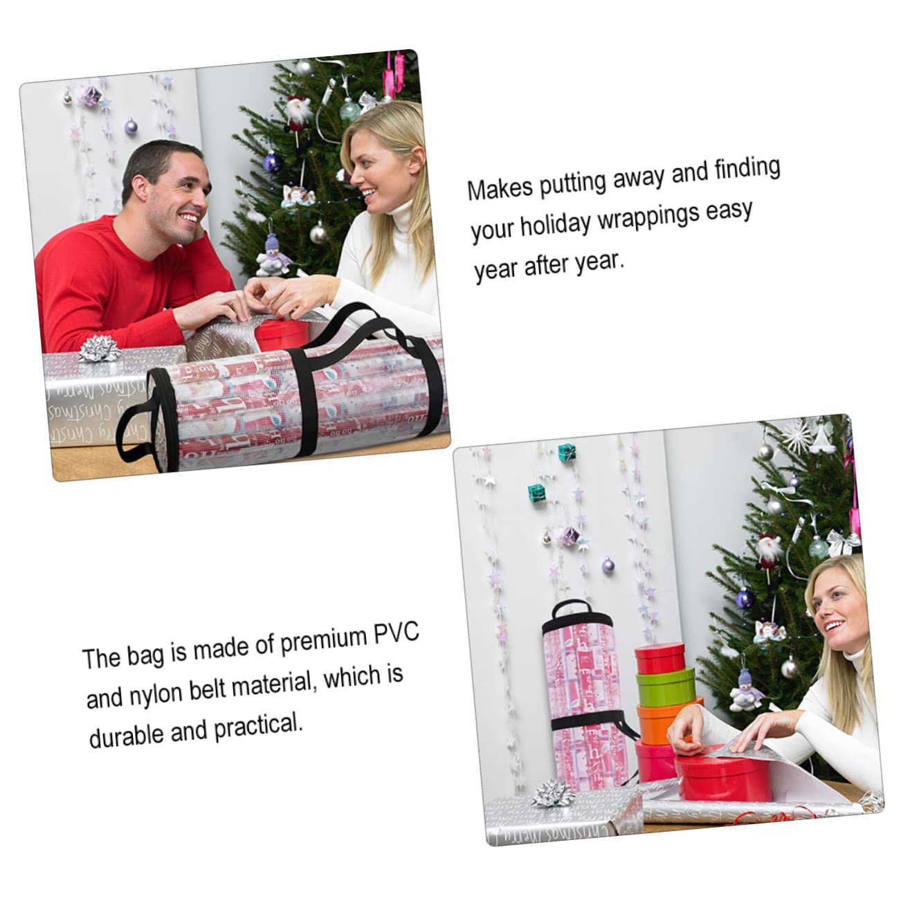 IWOWHERO Handheld Christmas Storage Bag Decorative Cylindrical Organizer for Wrapping Paper Zipper Closure Convenient Carry Handle for Holiday Storage and Wrapping