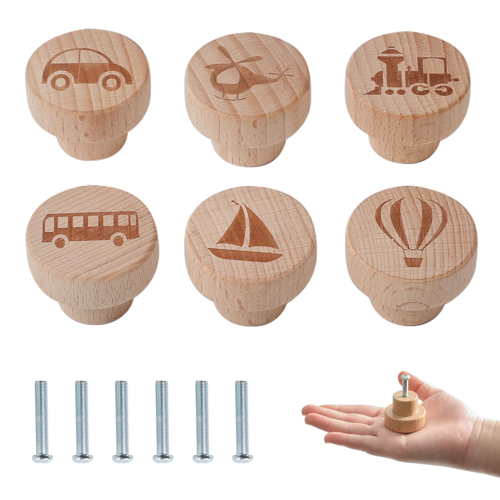 OESSUF 6PCS Fahrzeug hölzerne Schrankknöpfe, 35mm runde Möbelgriff Schublade Türknöpfe ziehen Griffe für Schrank Garderobe Möbel Hardware