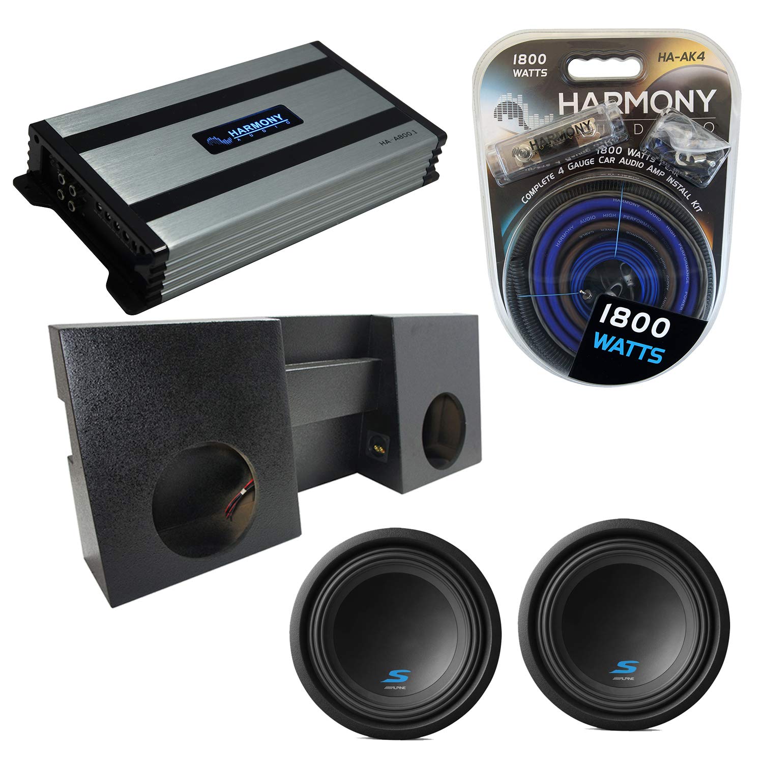 Harmony Audio HA-A800.1 Compatible with Toyota Tacoma Double Cab Truck 2005-UP Class D Mono 1600W Sub Amp, S-W10D2 S Series Dual 2 Ohm 1200W Peak 10" Sub and 2X10TOYOTA-TACOMA-DB-05-09-RL Dual 10