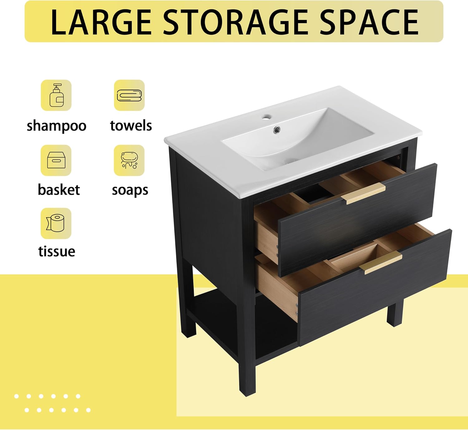 30" Bathroom Vanity with Sink, 30 Inch Freestanding Bathroom Vanity, Modern Bathroom Vanity, Black Floor Standing Cabinet Set