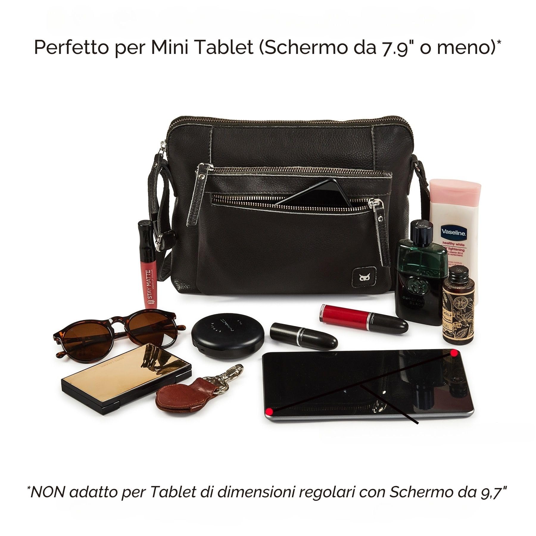 Wise Owl Accessories Borsa tracolla in vera pelle martellata, modello compatto unisex con tasche cerniera, ideale per viaggi, uso quotidiano e organizzazione