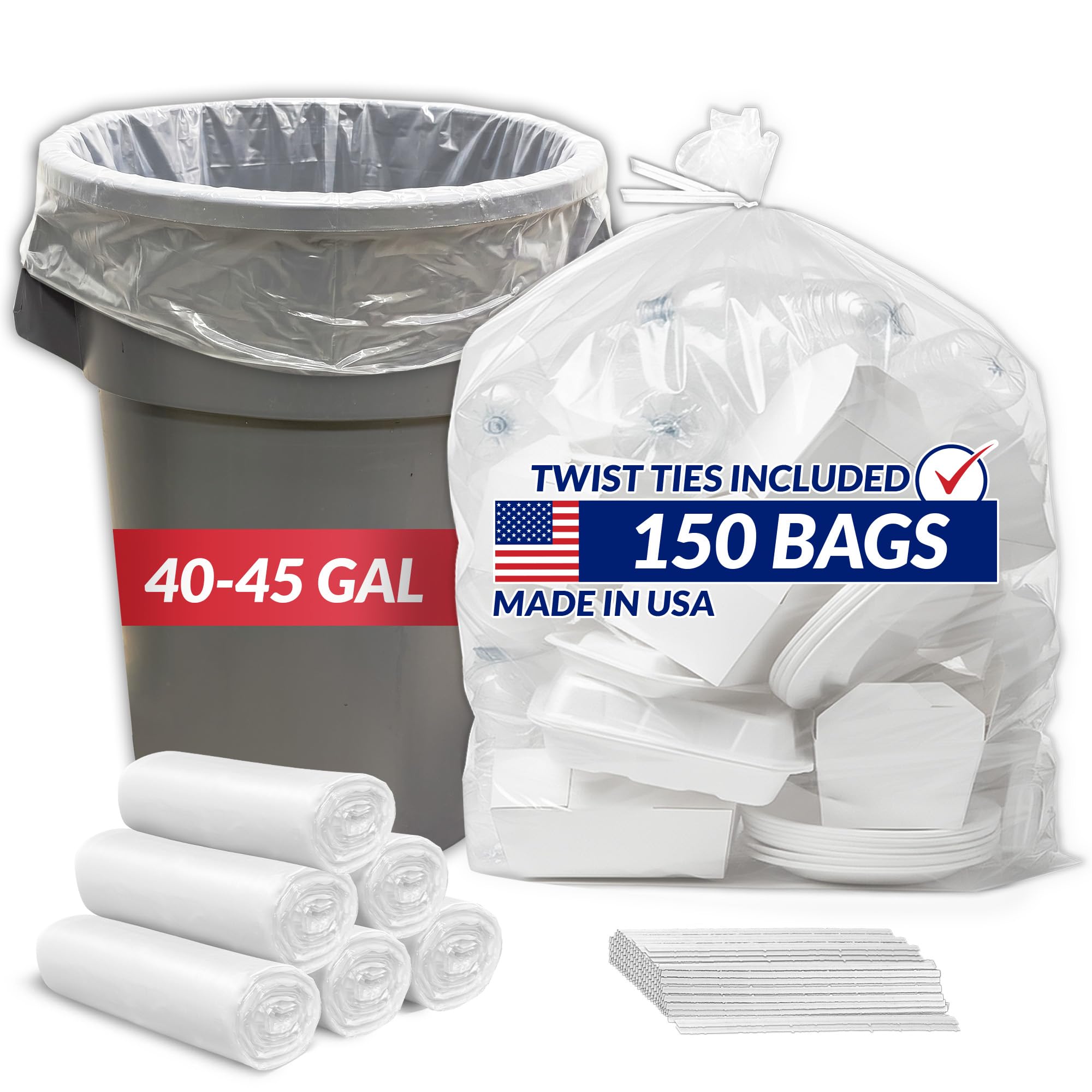 Reli. Premium 40-45 Gallon Trash Bags Heavy Duty (150 Count) Clear Recycling Bags 45 Gallon - Garbage Bags (Made in USA), 40 Gallon- 44 Gallon, 45 Gallon Clear Trash Bags, Can Liners 40-45 Gal
