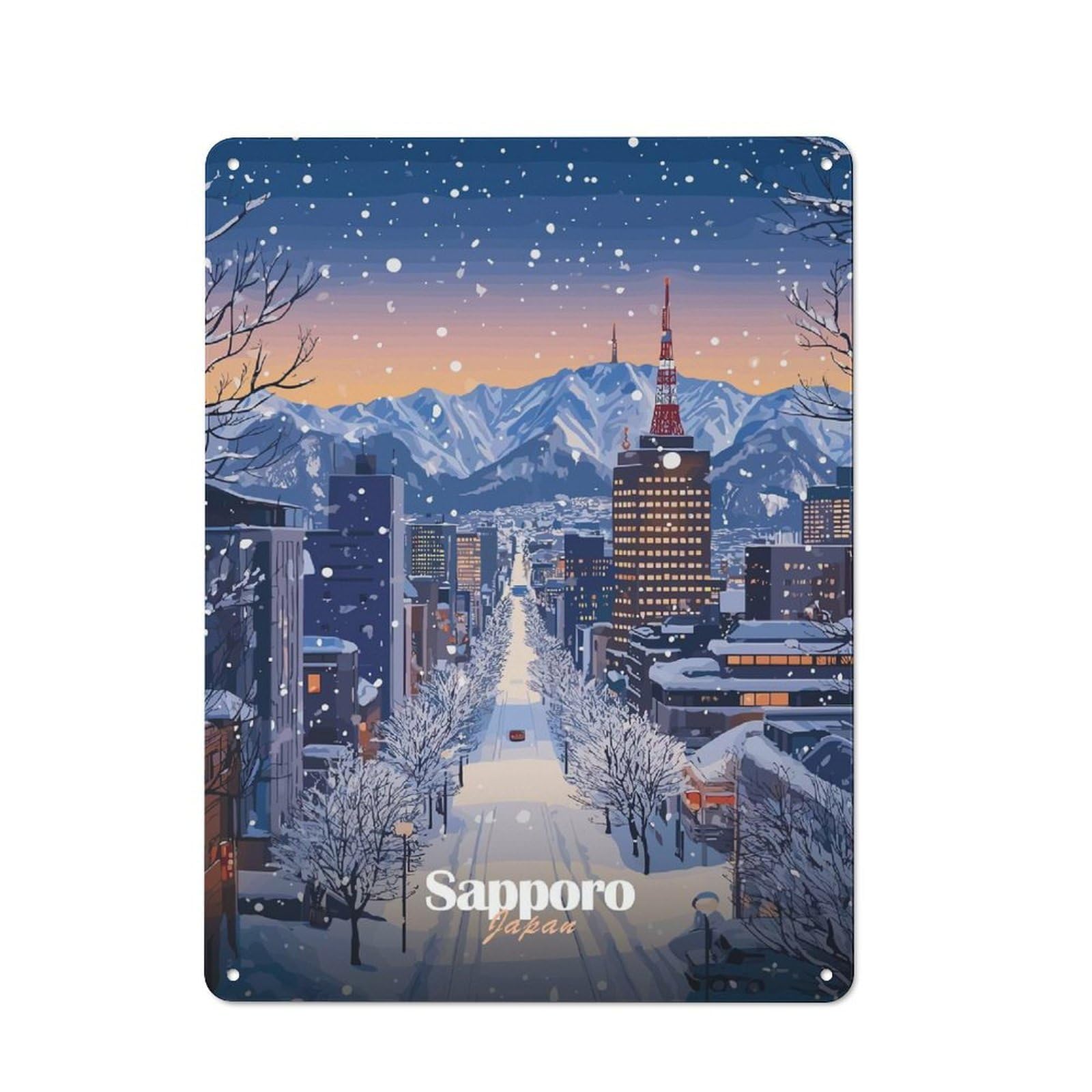 Snowy Sapporo Cityscape Decorative Tin Sign 40x30cm, Old Fashioned Vintage Wall Decor for Lounge, Study, Pub Or Wall Gallery