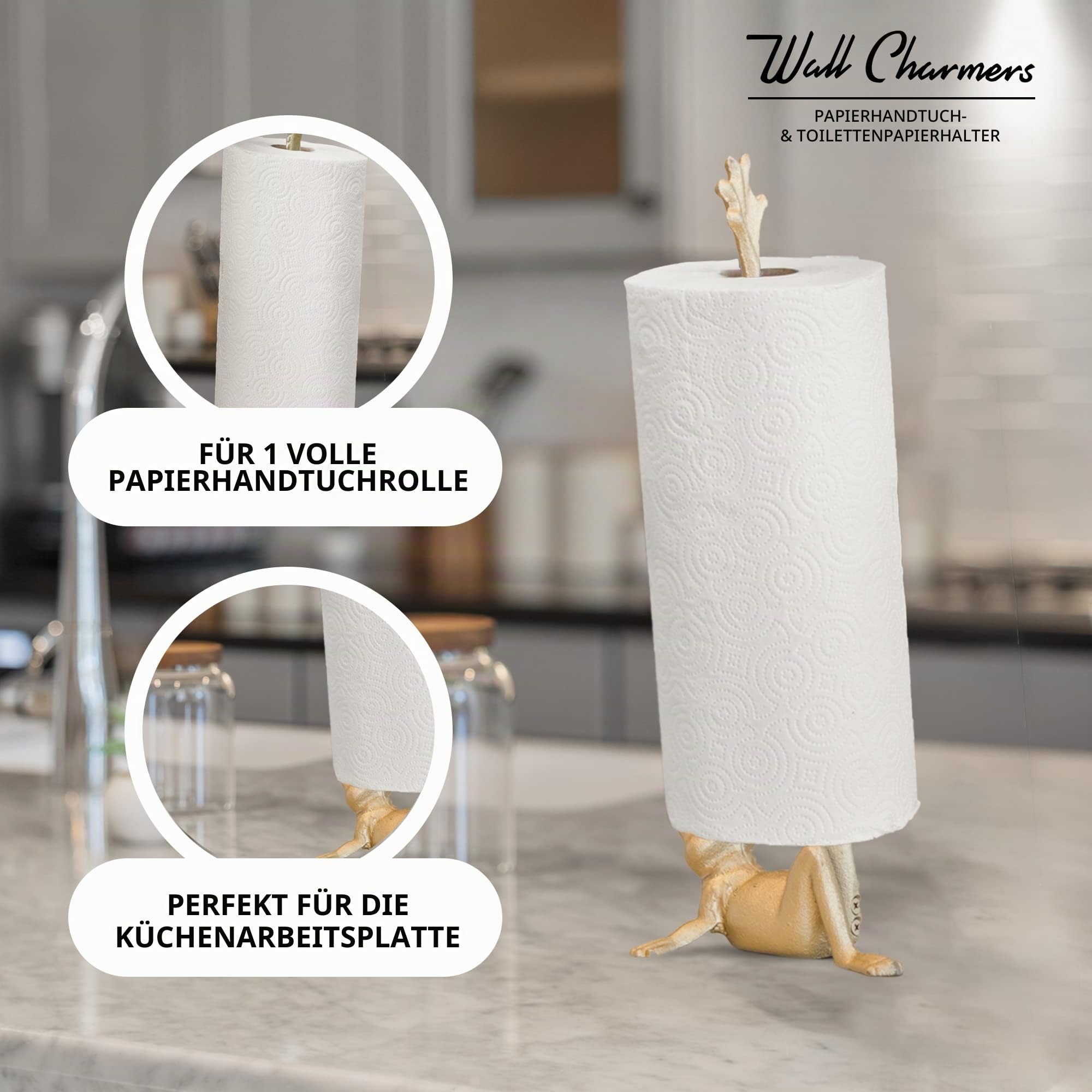 WallCharmers Gold Papierhandtuchhalter, Metall WC oder Küche Papierhalter für Boden oder Arbeitsplatte, Gold Frog