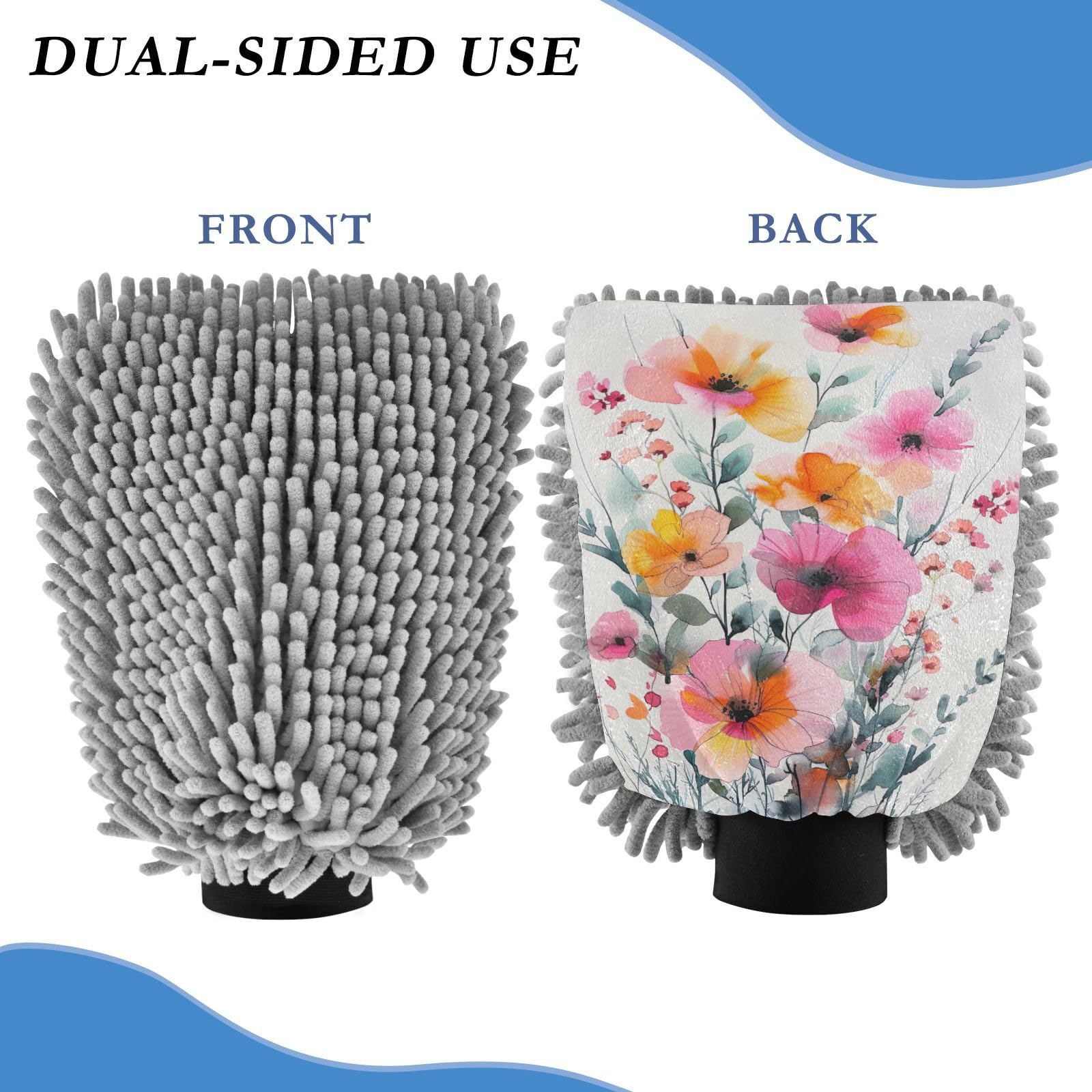 Kigai Beautiful Wildflowers Car Wash Mitt Microfiber, 2Pcs Scratch Free Lint-Free, Premium Chenille Microfiber Mitt Car Wash Brush-L