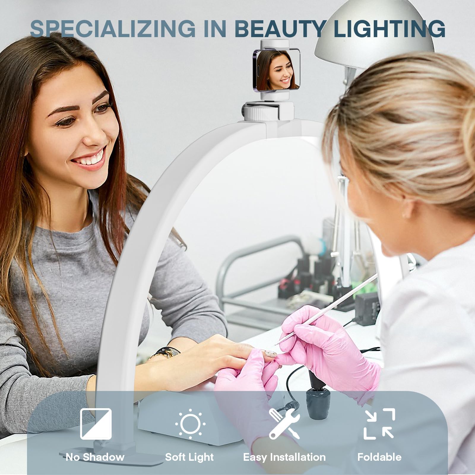 Lampada Extension Ciglia, 42W Half Moon Light per Ciglia con Porta Cellulare, Lampada da Scrivania, Lampada da Tavolo per Unghie da Tavolo per Ciglia, Viso, Tatuaggio, Estetista (Bianco, 29")