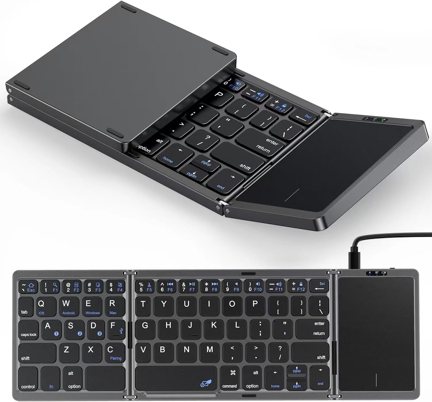Arabic & English Foldable Bluetooth Keyboard with Touchpad,Rechargeable Wireless Portable Keyboard,Dual-Mode Bluetooth/USB Wired Pocket-Sized Travel Keyboard for i-O-S, Android, Windows, Mac OS(Black)