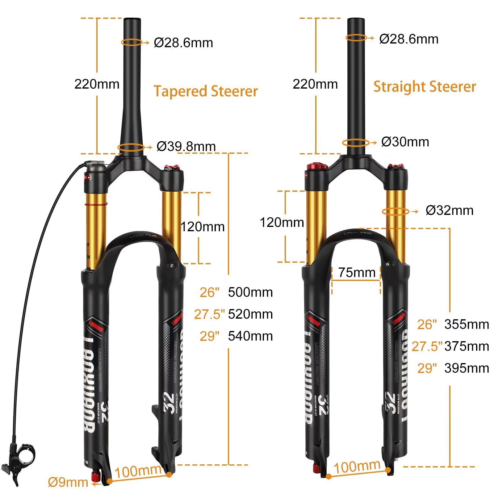Fourches VTT 26/27,5/29 Pouces. Réglage du Rebond, Suspension pneumatique. Tube Droit/Conique 1-1/8 Pouce x 220 mm,9 x 100 mm à Serrage Rapide,Frein à Disque