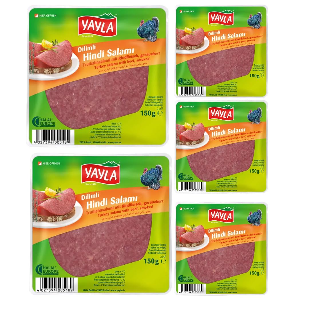 Yayla Truthahnsalami mit Rindfleisch Gerauchert Geschnitten Putensalami zum Frühstück Delikatessen 150 Gramm x 5 STÜCK