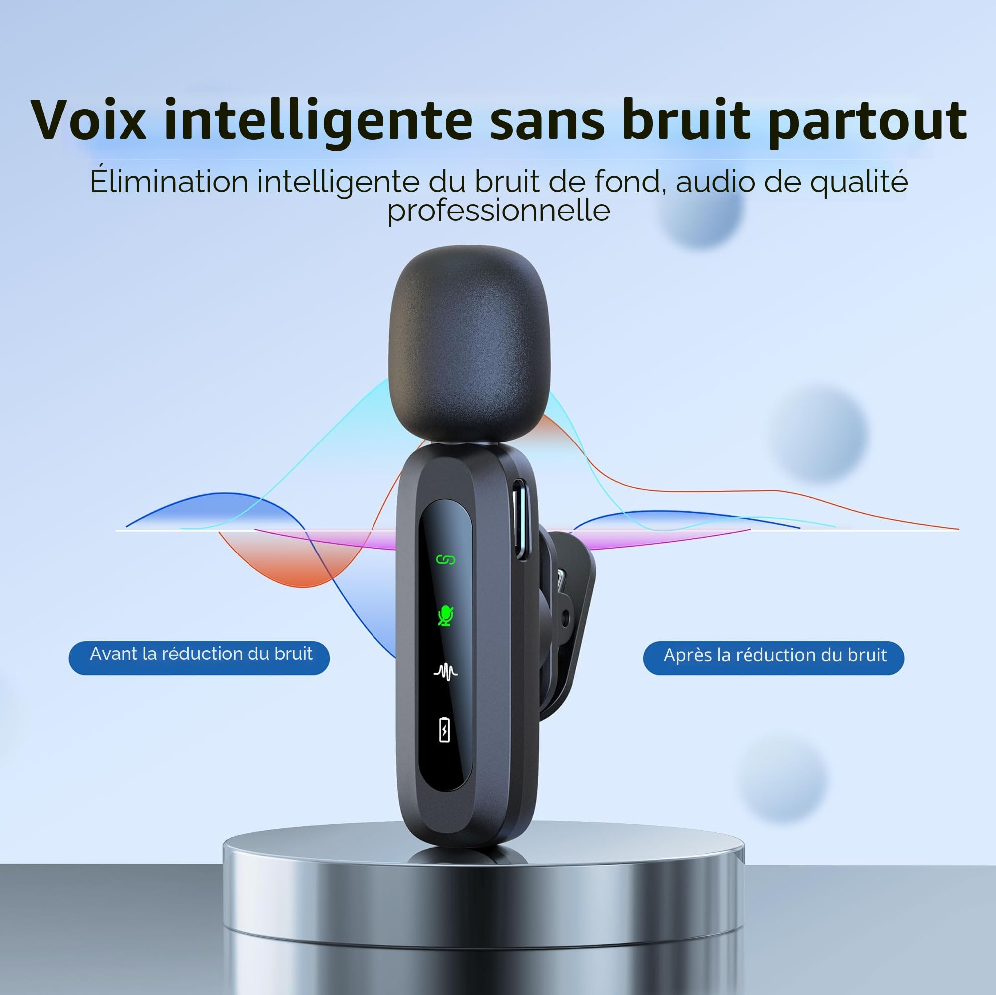Microphone cravate sans fil pour iPhone et prise USB-C, mini micro sans fil avec réduction du bruit, écran LED et clip rotatif – Idéal pour Vlog, TikTok et création de contenu
