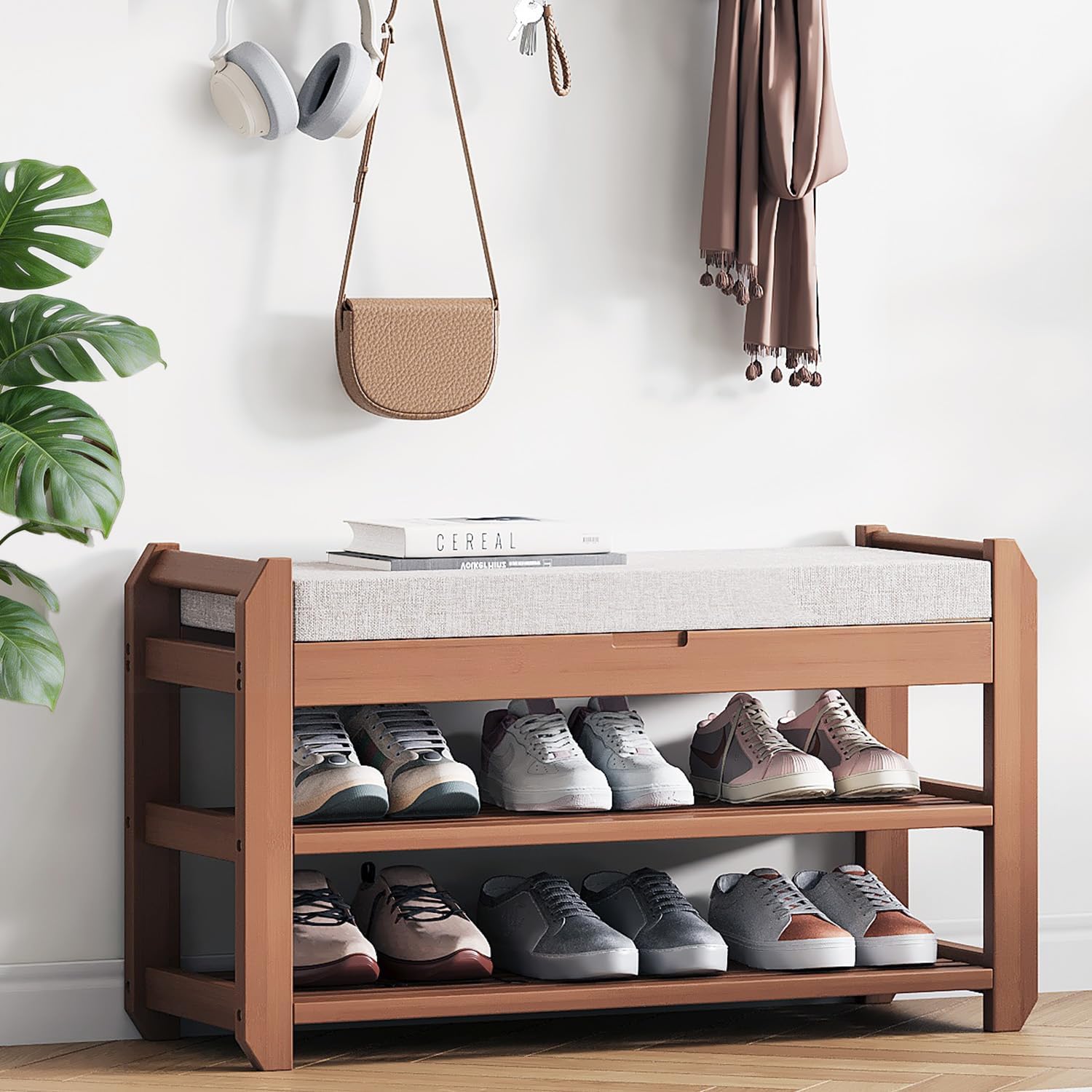 27.6" Bamboo Shoe Bench with Cushion, 2-Tier Storage Bench for Entryway, Heavy Duty Shoe Rack Organizer with Removable Soft Cushion for Living Room Bedroom Hallway