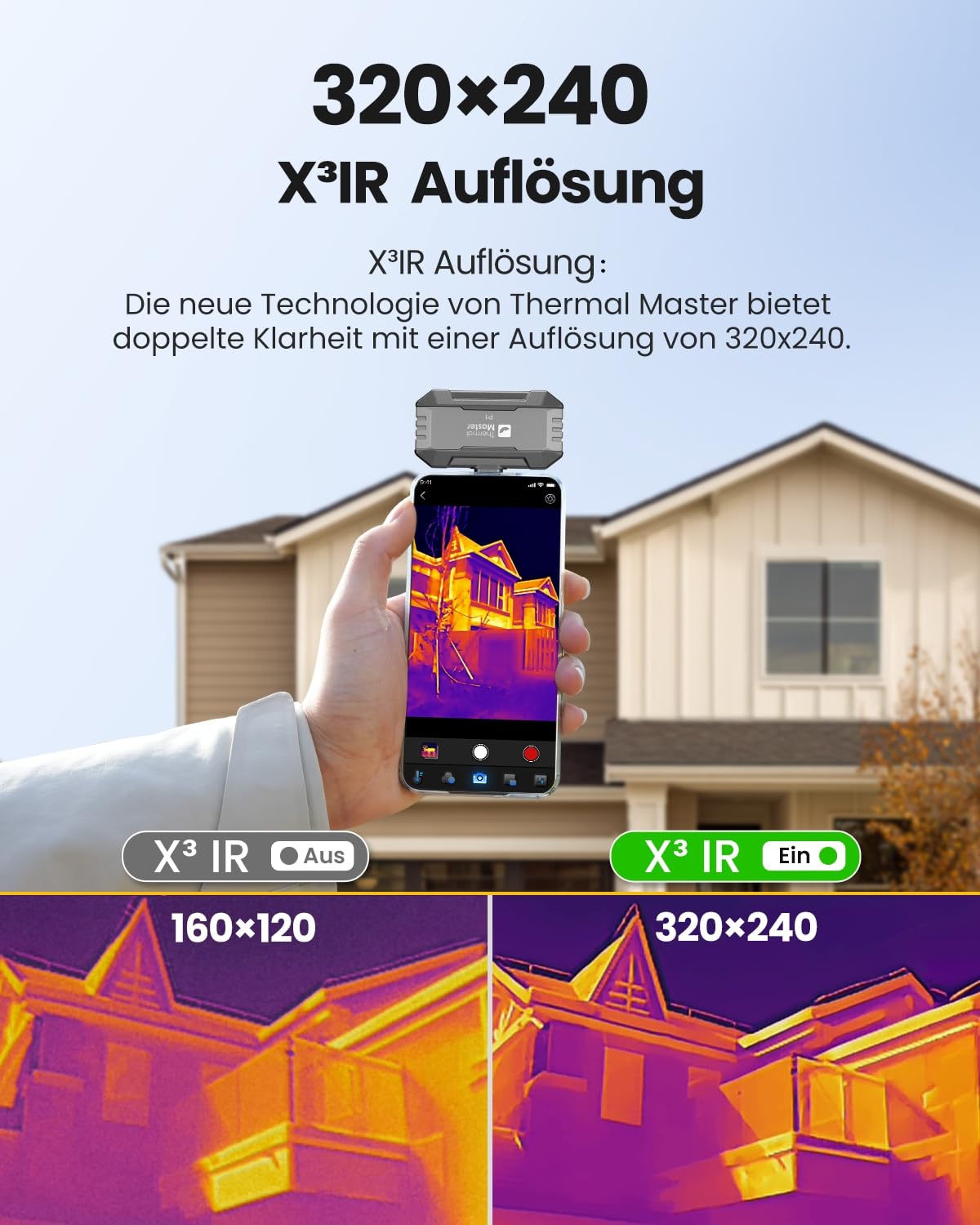 Thermal Master P1 Wärmebildkamera für iPhone 15/16 und Android Infrarotkamera mit Super IR Auflösung 320x240, Wärmebildkameras ±2℃ Genauigkeit Haus-Inspektion 15x Zoom, Grau