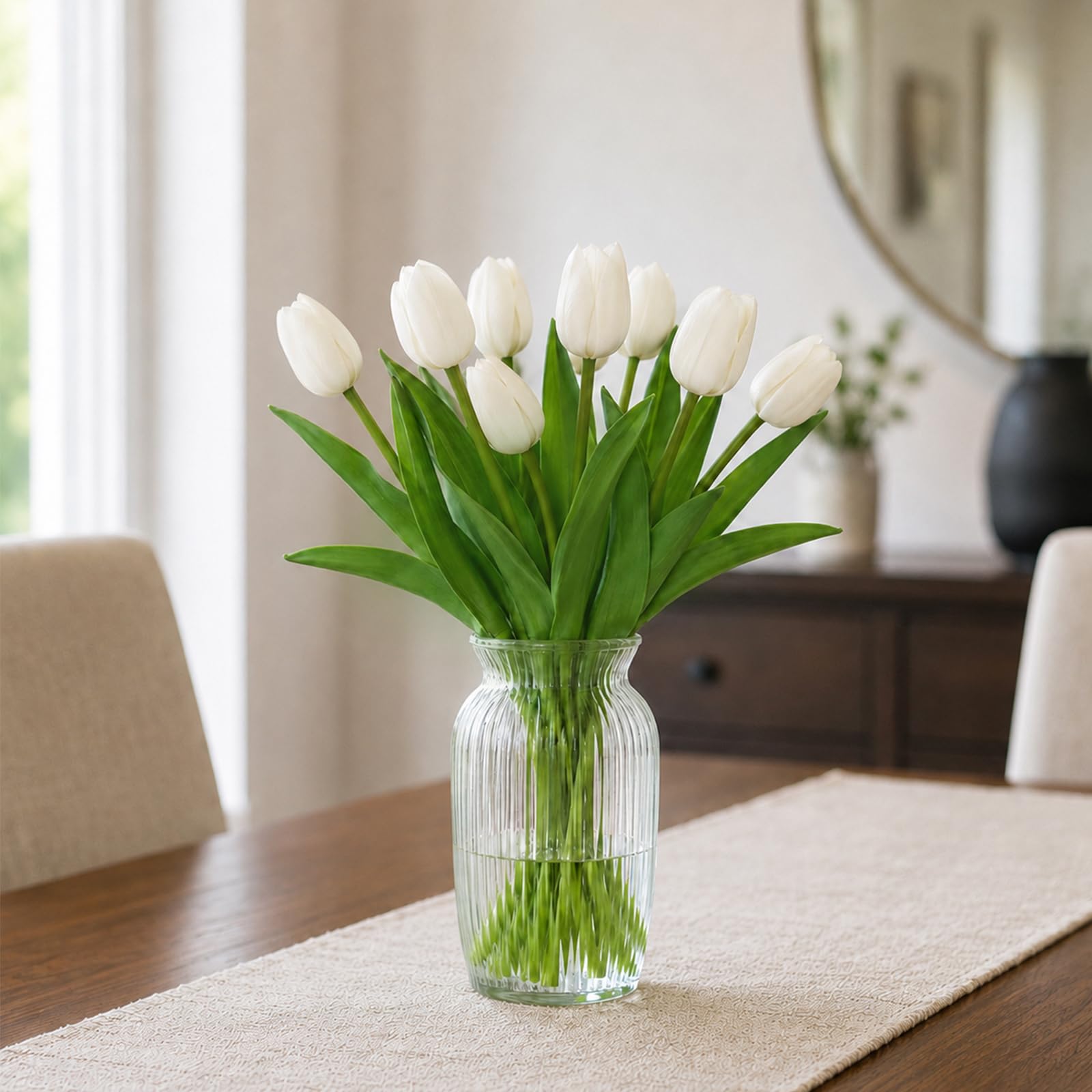 7 Stück Künstliche Tulpen Wie Echt, Kunsttulpen aus Latex, Weiß | Fake Tulpen für Vase & Dekoration, Kunstblumenstrauß Kleine Kunstblumen für Hochzeit Wohnzimmer Geschenk