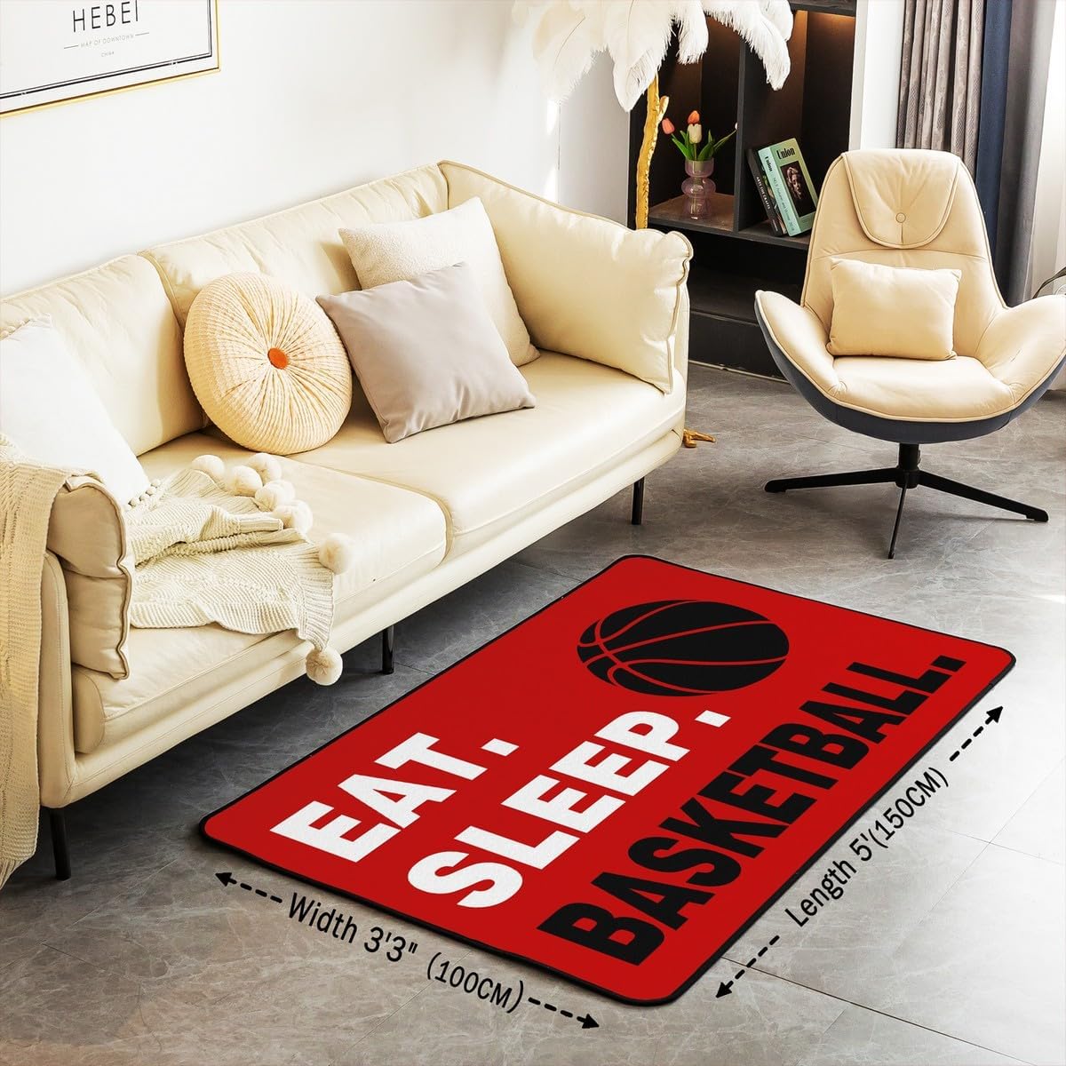 Feelyou Basketball Red Area Rug 5x7 Gaming Sports Living Room Rugs for Bedroom Kids Adults Ball Games Decorative Rug Mat Gift for Basketball Lover Indoor Floor Mat Non-Slip Accent Rug