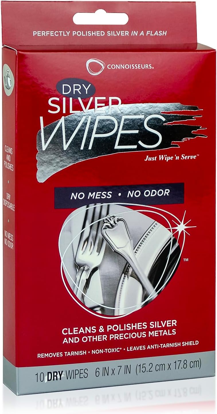 Connoisseurs Silver Cleaner Wipes for Sterling Silver Jewelry and Tableware - 10 Pack - Dry and Disposable - Remove and Prevent Tarnish