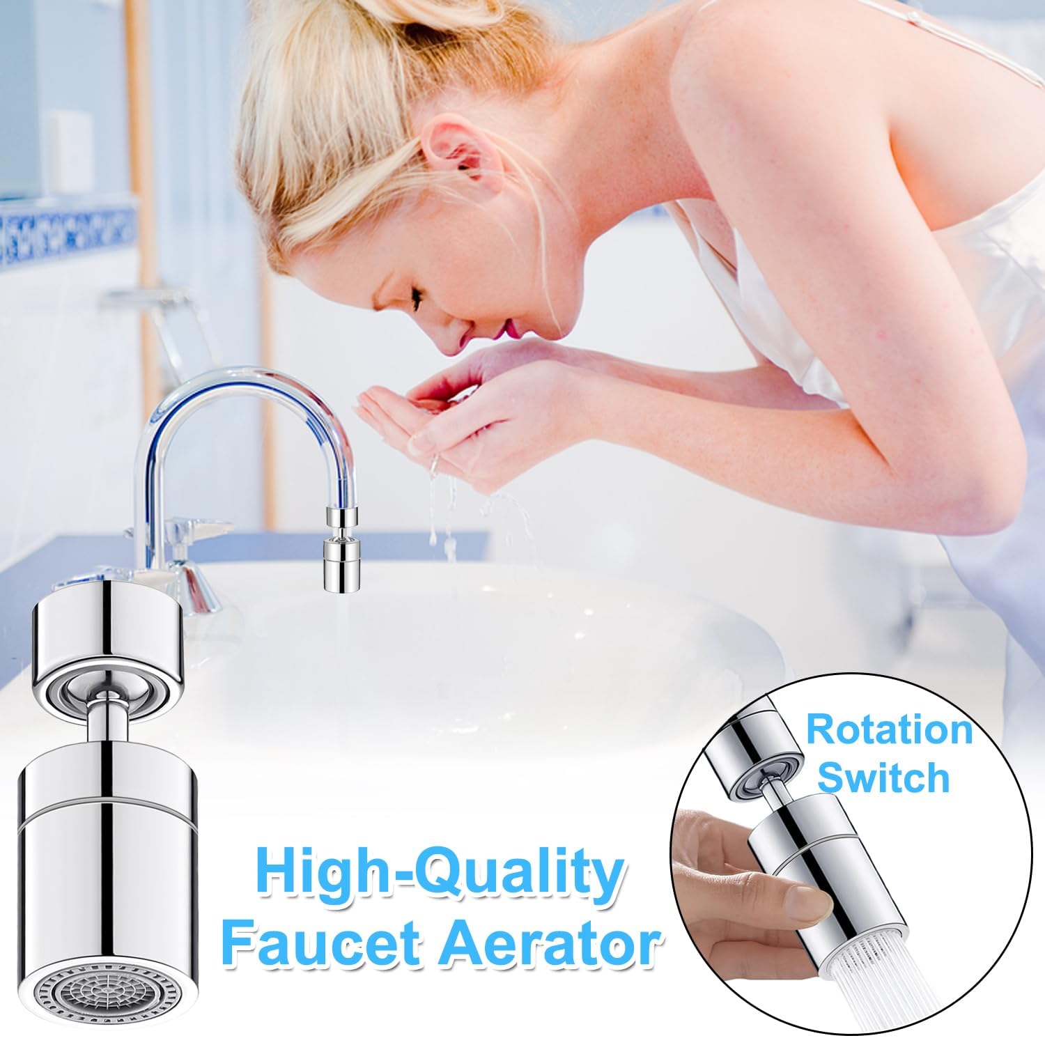 Cabezal Rociador Grifo Cocina,360° Giratorio Boquilla Extensión de Grifo 2 Modos con Aireador Antisalpicaduras Adaptador Universal para Fregadero y Lavabo Plateado