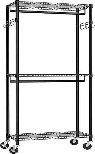 Perchero resistente con ruedas – Estantes ajustables de 3 niveles y doble barra para ropa, armario portátil independiente con ganchos laterales,