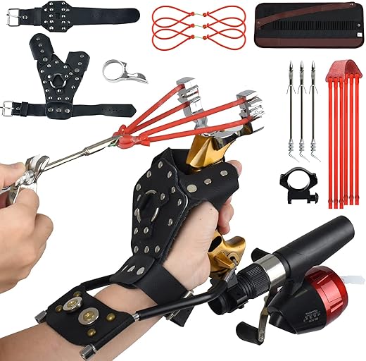 Slingshot,Fishing Slingshot Kit with Reel and 3 Arrowheads,Fishing Slingshot, Wrist Support Rocket Slingshot for Fishing and Hunting,Dual Purpose Slingshot for Hunting
