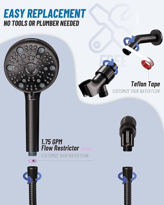 Filtered Handheld Shower Head for Hard Water, High Pressure Showerhead with 7 Spray Modes, Power Jet & Pause, Detachable & Adjustable for Healthier Skin & Hair - Oil Rubbed Bronze (VMASSTONE HM-003)