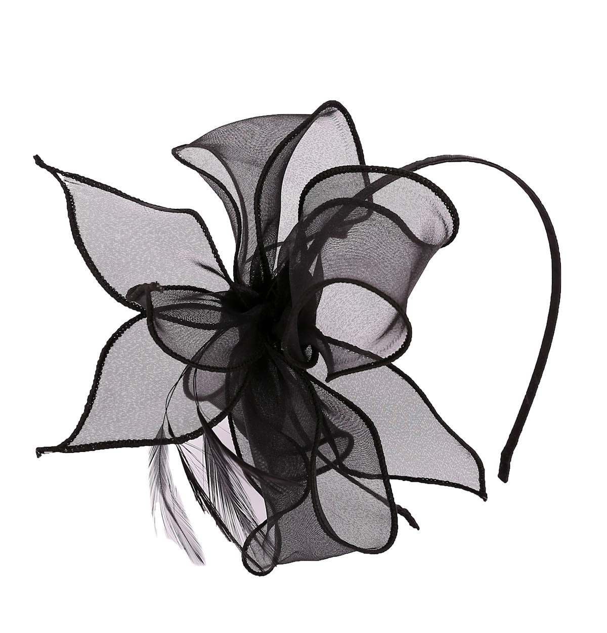 FELIZHOUSE Satin Feather Fascinator Hats Headband for Women, Wedding Cocktail Tea Party Royal Ascot Church Head Piece, Costume Hair Accessories (#3 Organza Headband Black)