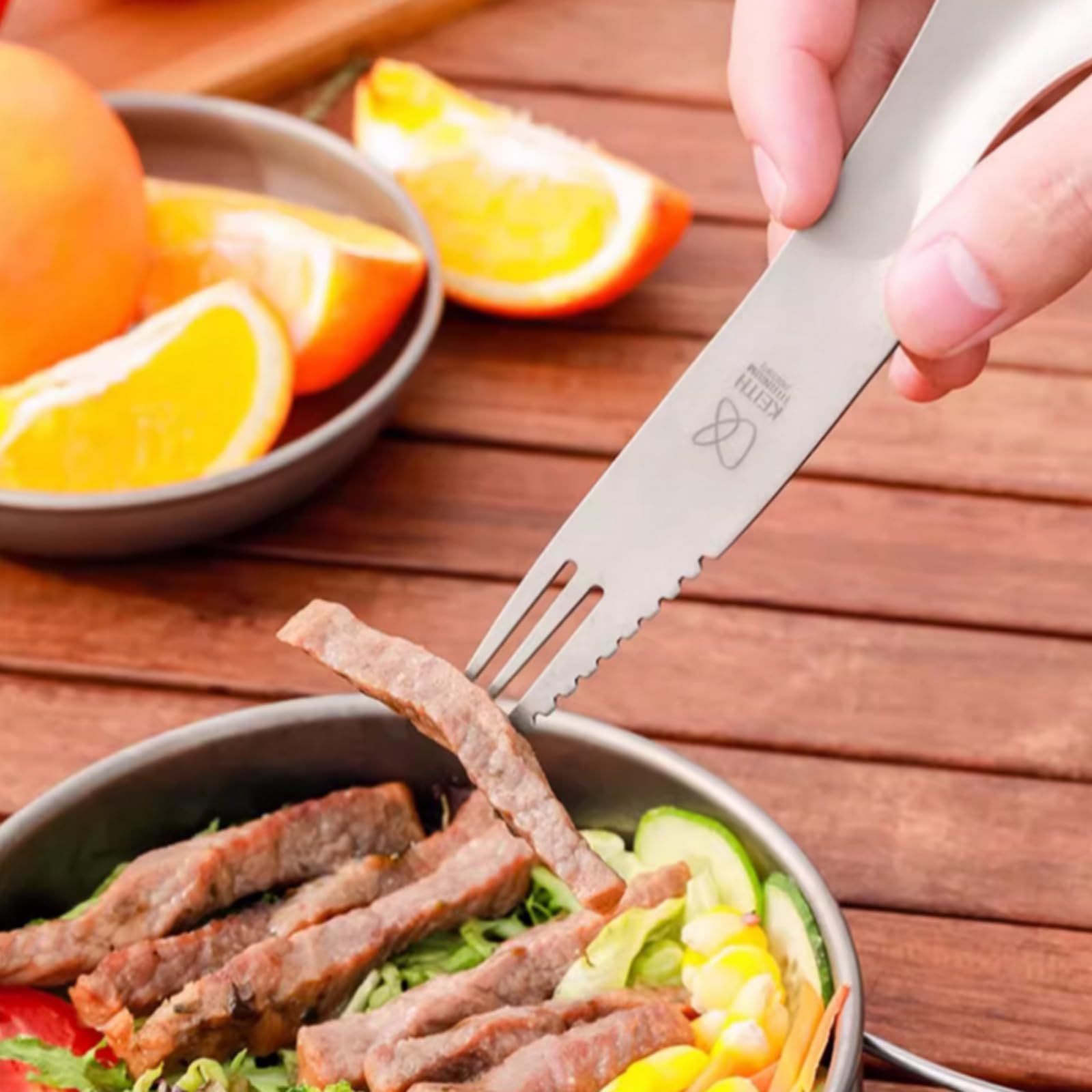 KEITH Titanio 3 in 1 - Posate da campeggio per esterni, cucchiaio spork, forchetta, con custodia, ultraleggere, posate da viaggio