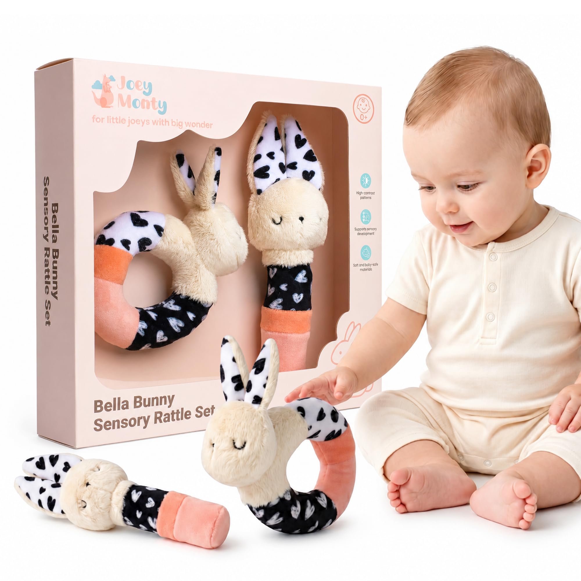 Bella Bunny Soft Baby Rattle Toys for Babies 0-6 Months (2 Pack), High Contrast Baby Toys for Newborn, Plush Baby Rattles & Rings, Baby Girl Gift