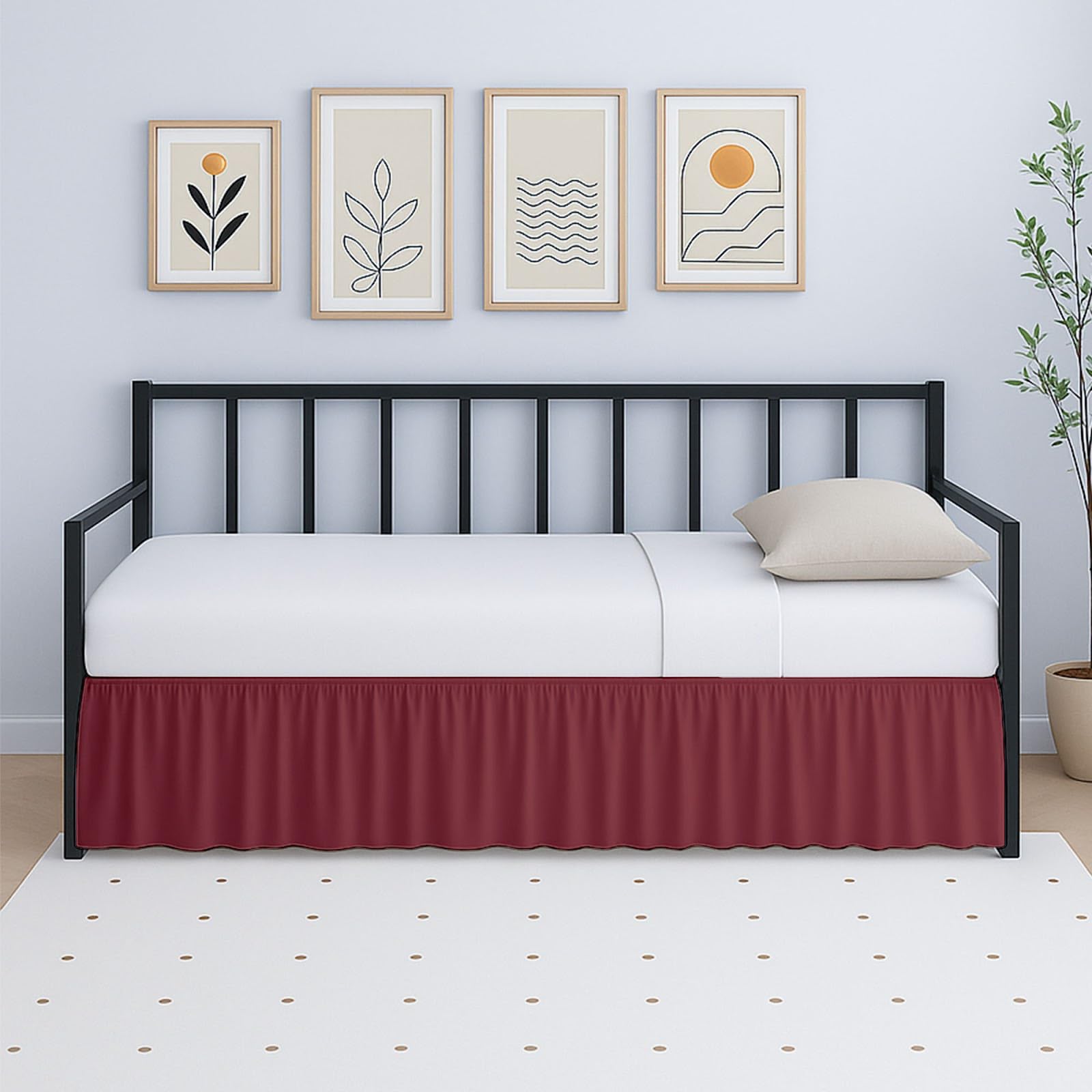 Rajlinen Twin Daybed Skirt, Ruffled 18 Inch Drop with Split Corners, 100% Microfiber, Easy Fit Dust Ruffle for Day Bed with 3-Side Coverage, Soft Decorative Classic Platform Fit, Burgundy