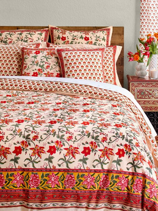 Bei Duvet Cover 100% ge Floral Twin Cotton Reversible Hand Block Printed Decorative Bed Cover for Bedroom Decor - Tropical Garden 70 x 90 Inches