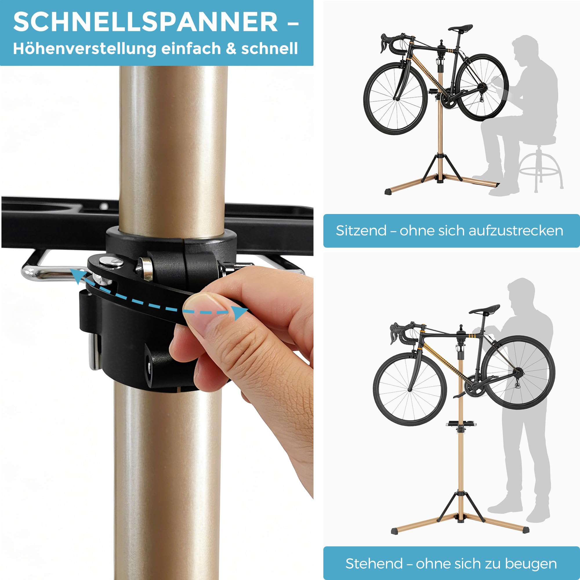 Fahrrad Reparaturständer Aluminium Montageständer, Vollständig Zusammenklappbar, Doppelsicherheitsverschluss, Platzsparend, Ultraleicht, Magnetische Werkzeugablage für E-Bike/Mountainbikes