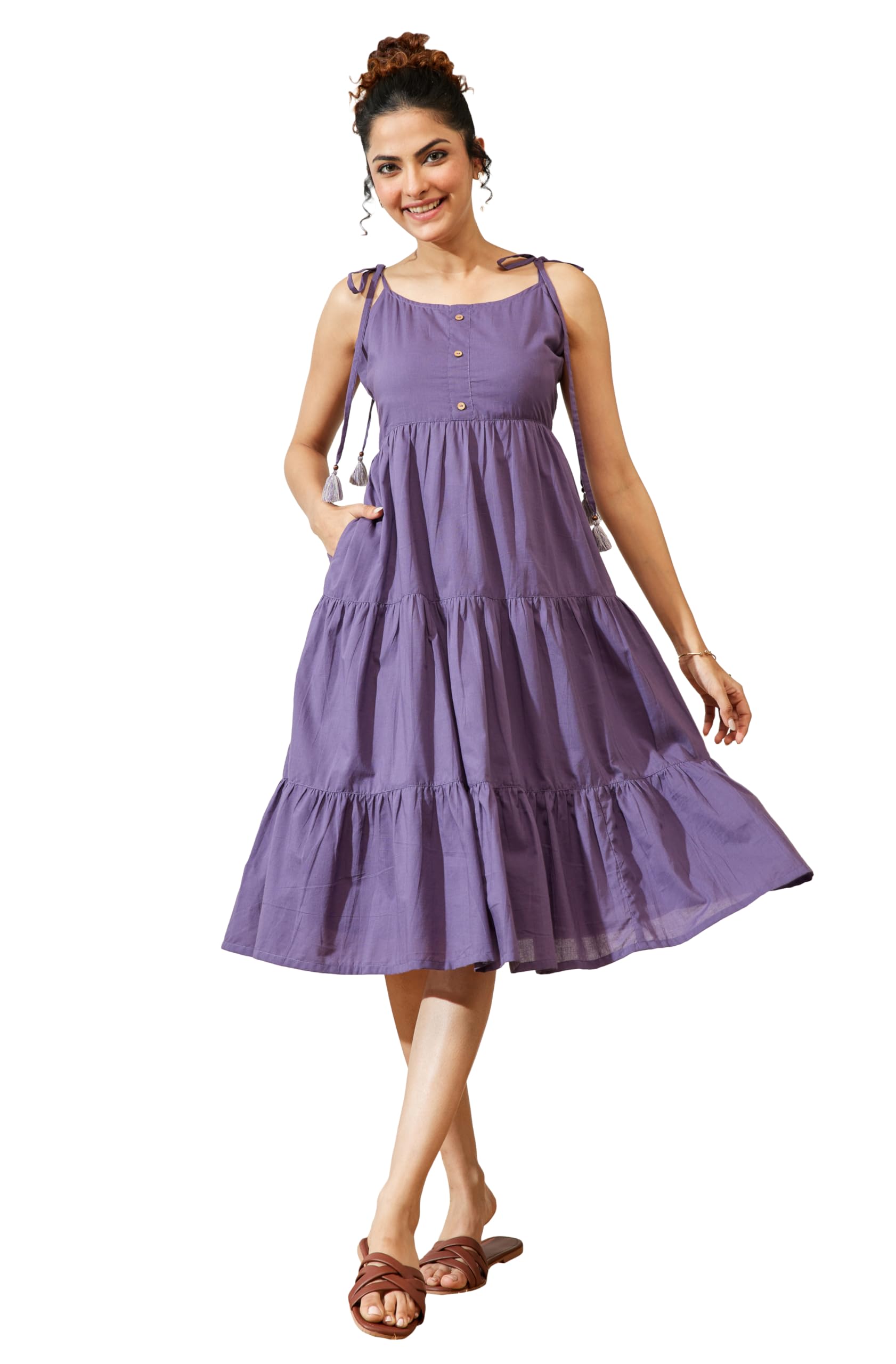 janasya Women's Lavender Pure Cotton Solid Tiered Dress-picture-13