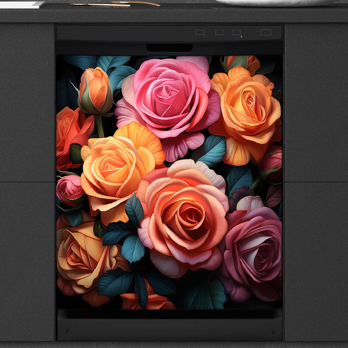 Cubierta magnética para lavavajillas Mexpekil con elegante panel frontal de rosas impresas 8
