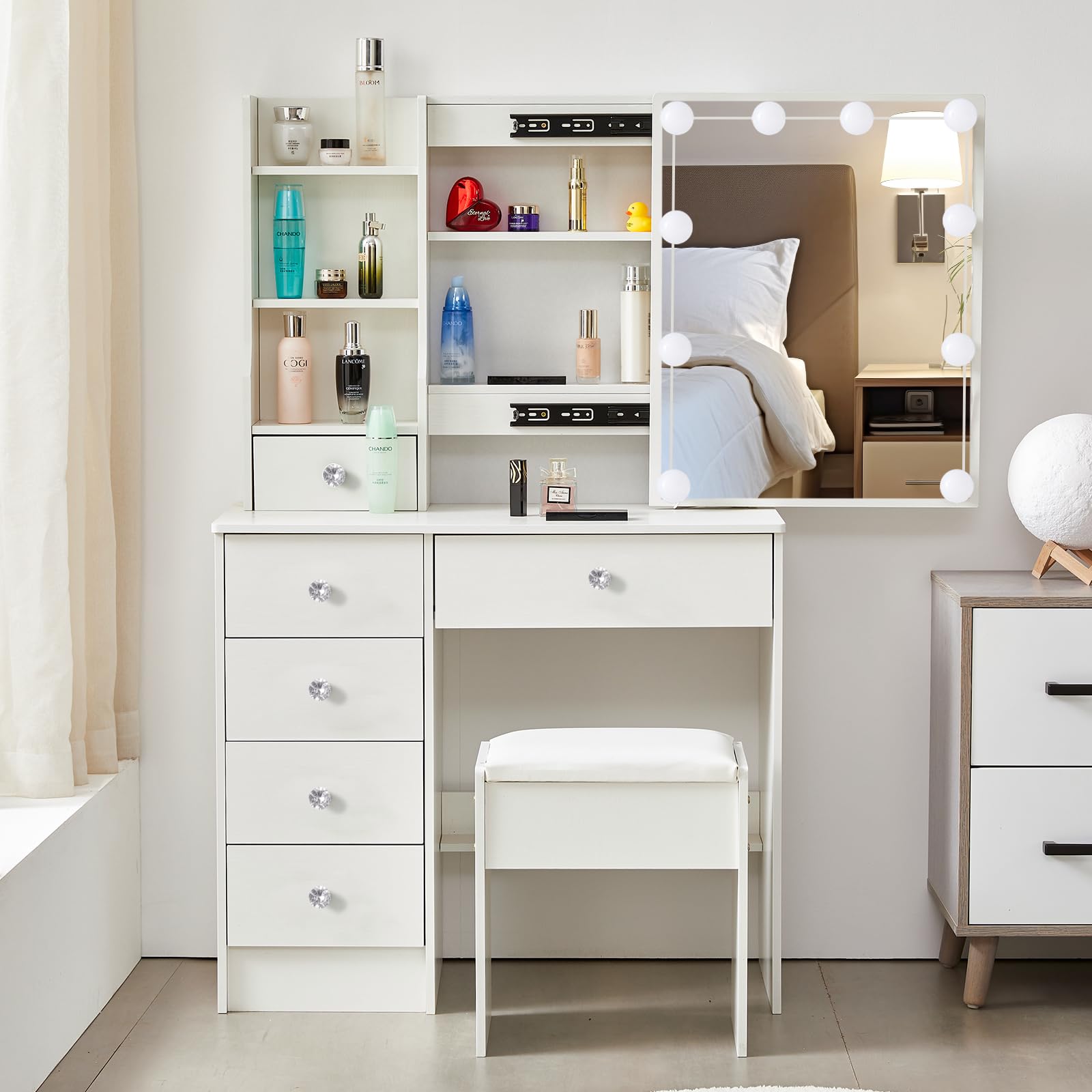 Buildonely Dressing Table with Lights, Adjustable Brightness, Vanity Makeup Table with Mirror, 6 Drawers and Open Shelves, Makeup Desk with Stool for Bedroom, Modern