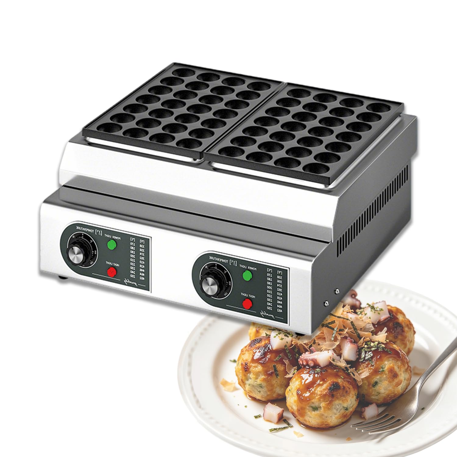 WTRYRN Dual Plate Takoyaki Machine, 56 Holes Commercial Octopus Ball Maker, Independent Temp Control 4200W Non-Stick Grill for Commercial Business