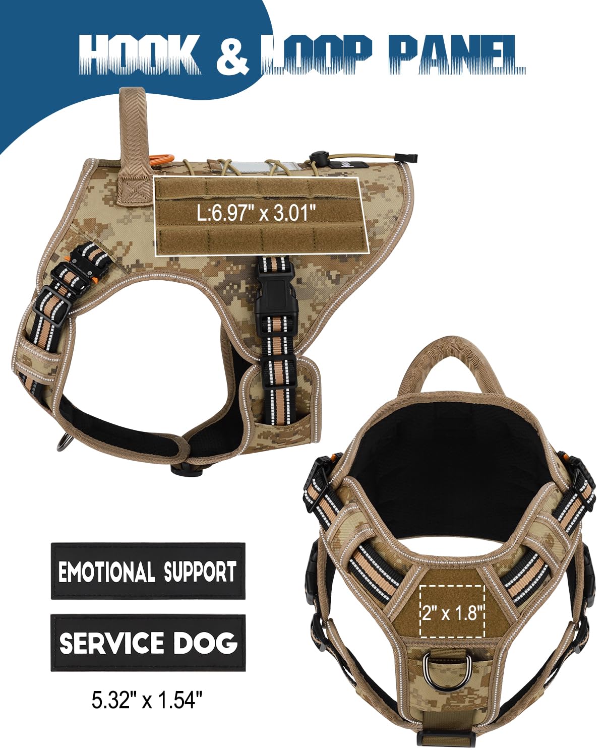 PETNANNY Arnés táctico reflectante con tarjeta de identificación, arnés de chaleco para perros medianos y grandes, chaleco de apoyo emocional con asa acolchada, 2 parches reflectantes para